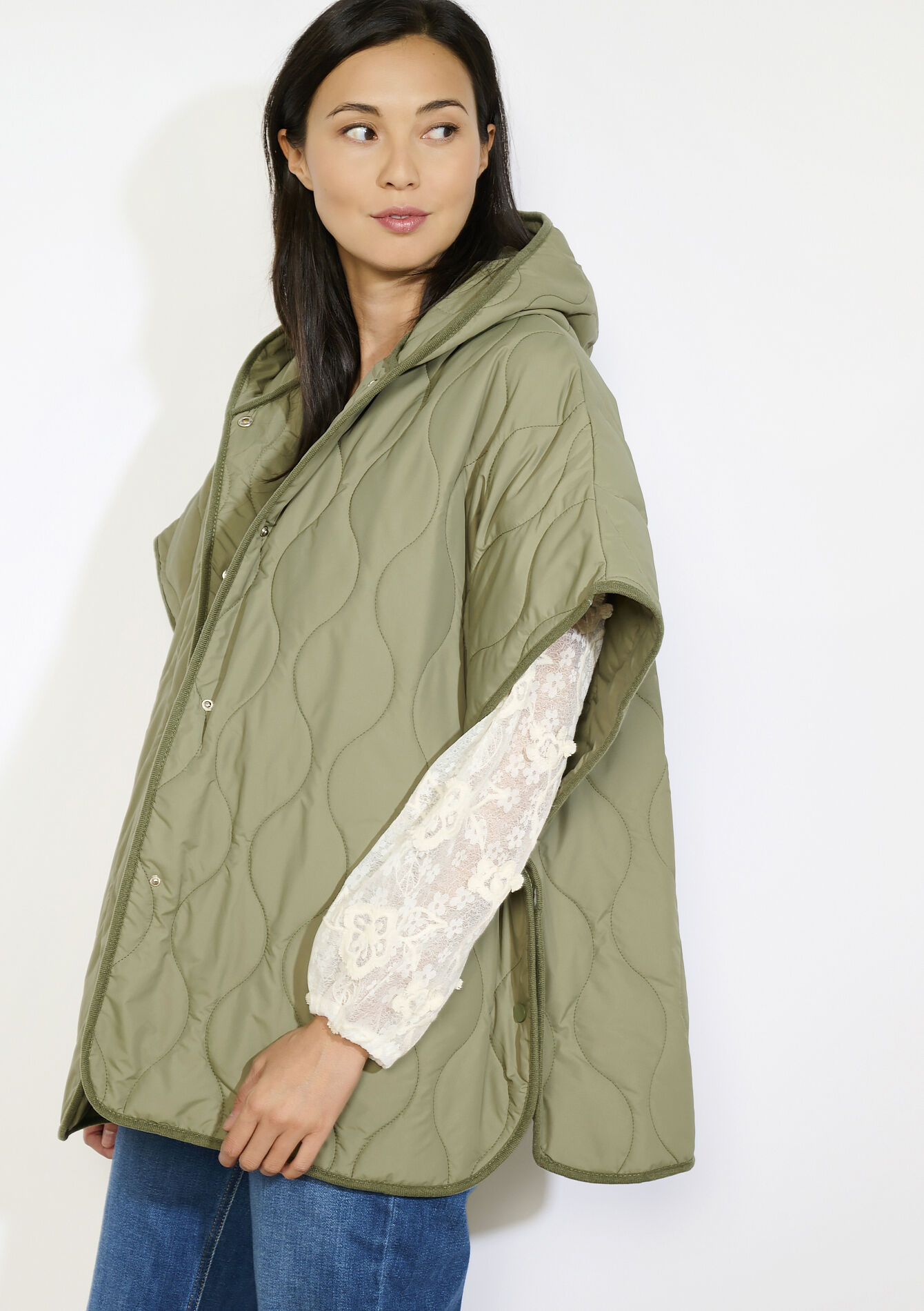 Quilted hooded poncho, Quilted hooded poncho - KHAKI FADED - 17101367_4326