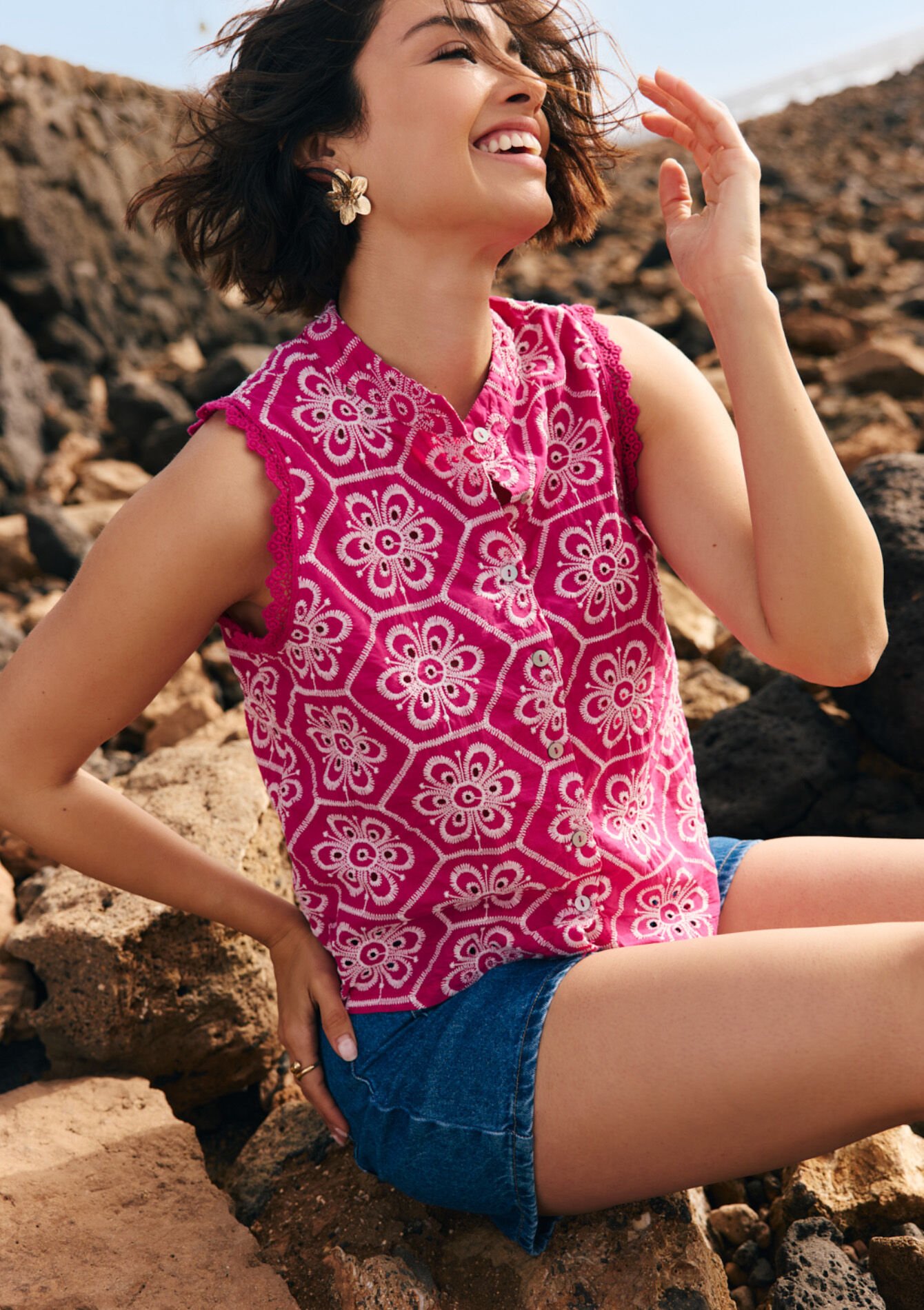 Embroidered sleeveless blouse, , hi-res