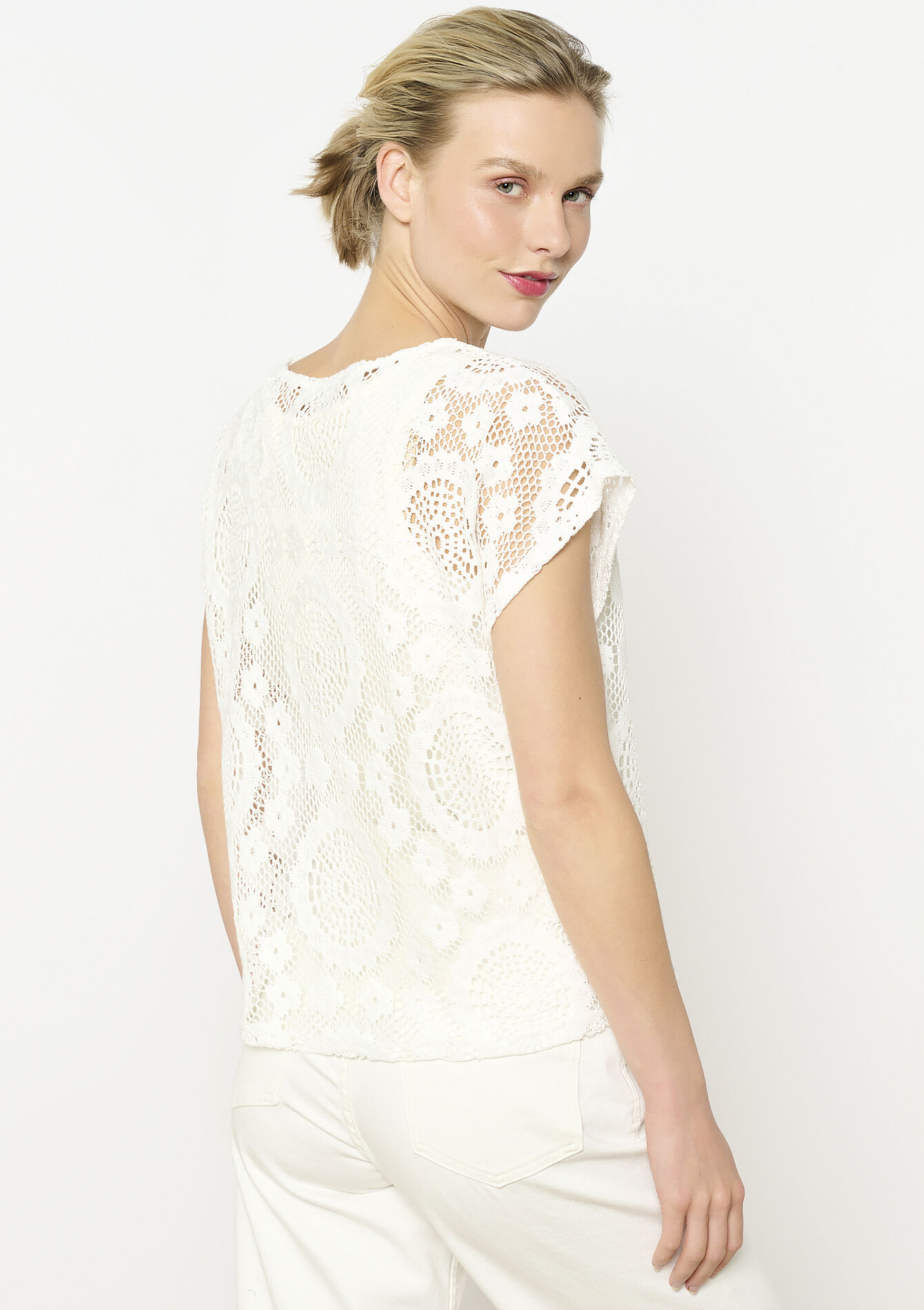 Kant t-shirt met opengewerkt motief, Kant t-shirt met opengewerkt motief - VANILLA WHITE - 02301829_1013