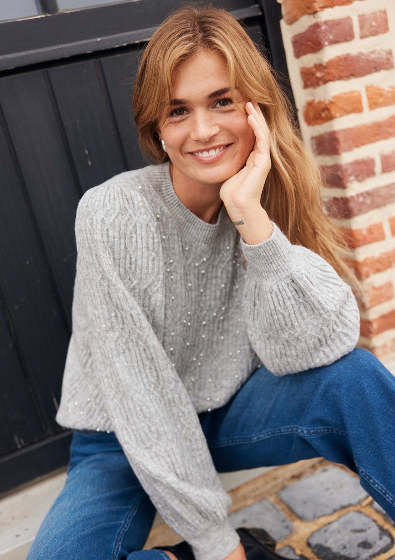 Trui met parels - GREY MED MEL - 04006571_3507