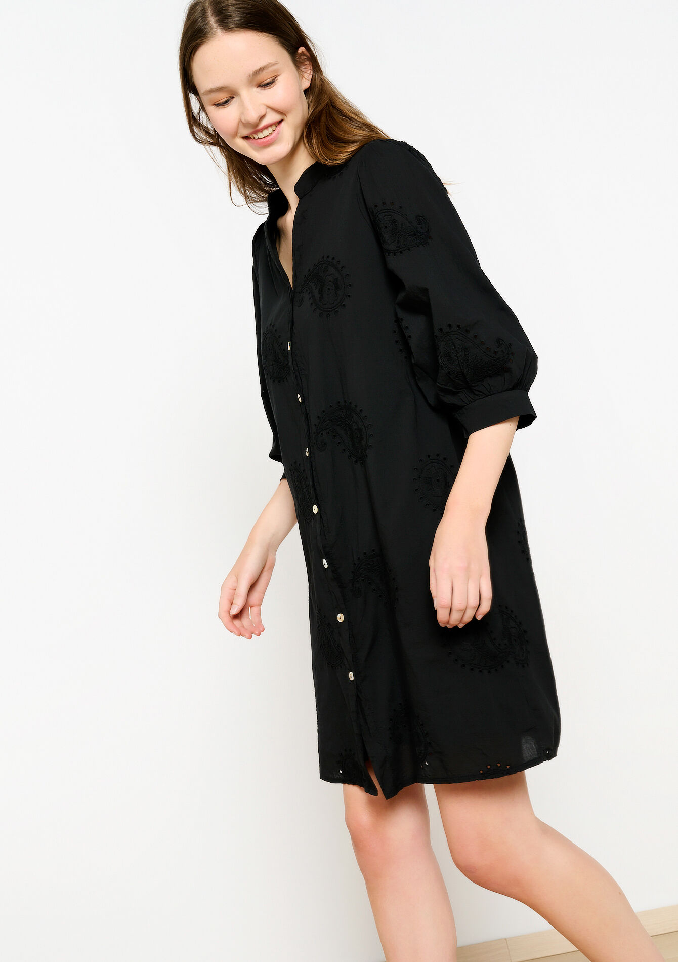 Shirt dress with embroidery, Shirt dress with embroidery - BLACK - 08103649