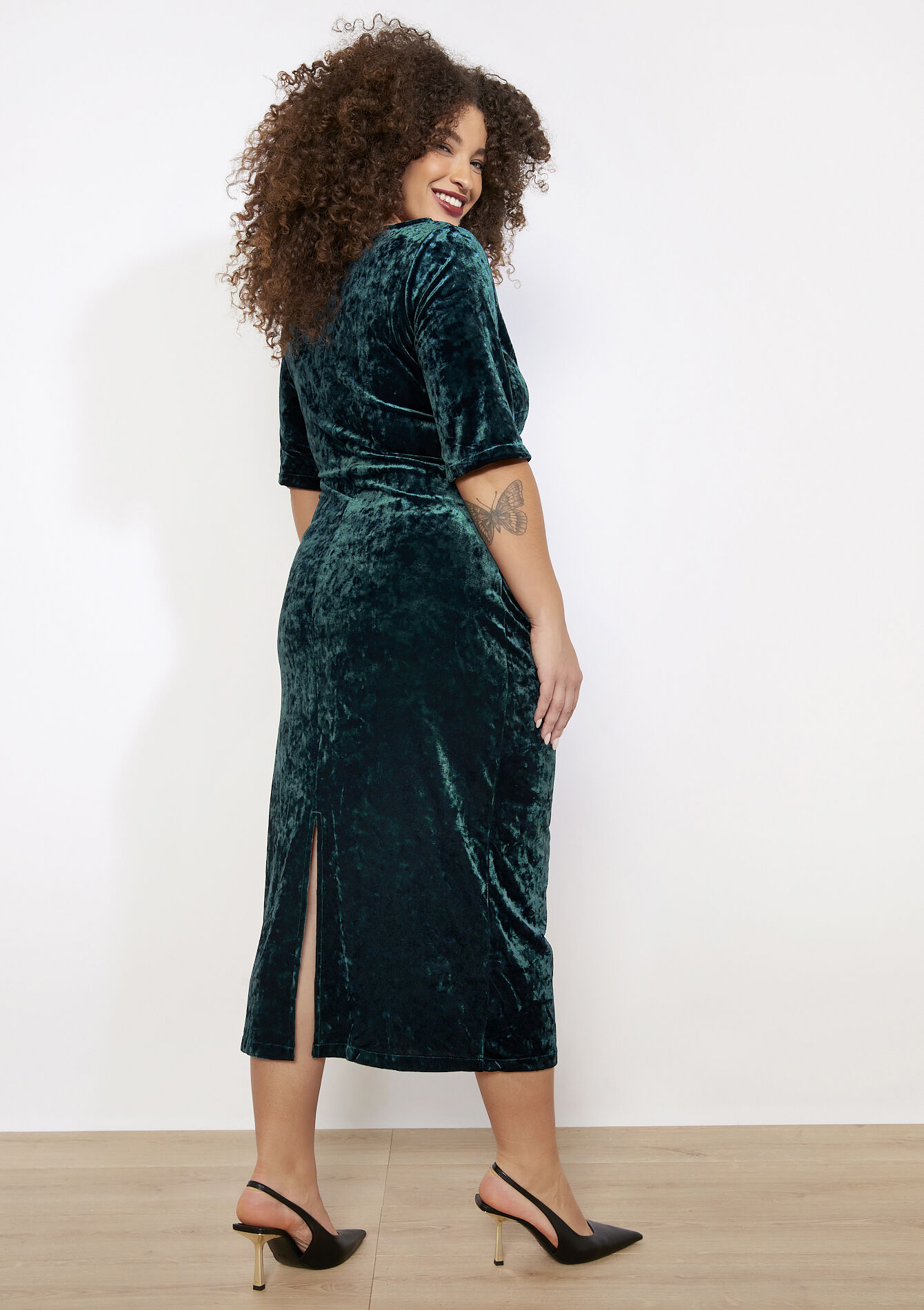 Robe midi drapée en velours - BOTTLE GREEN - 08104350_1778