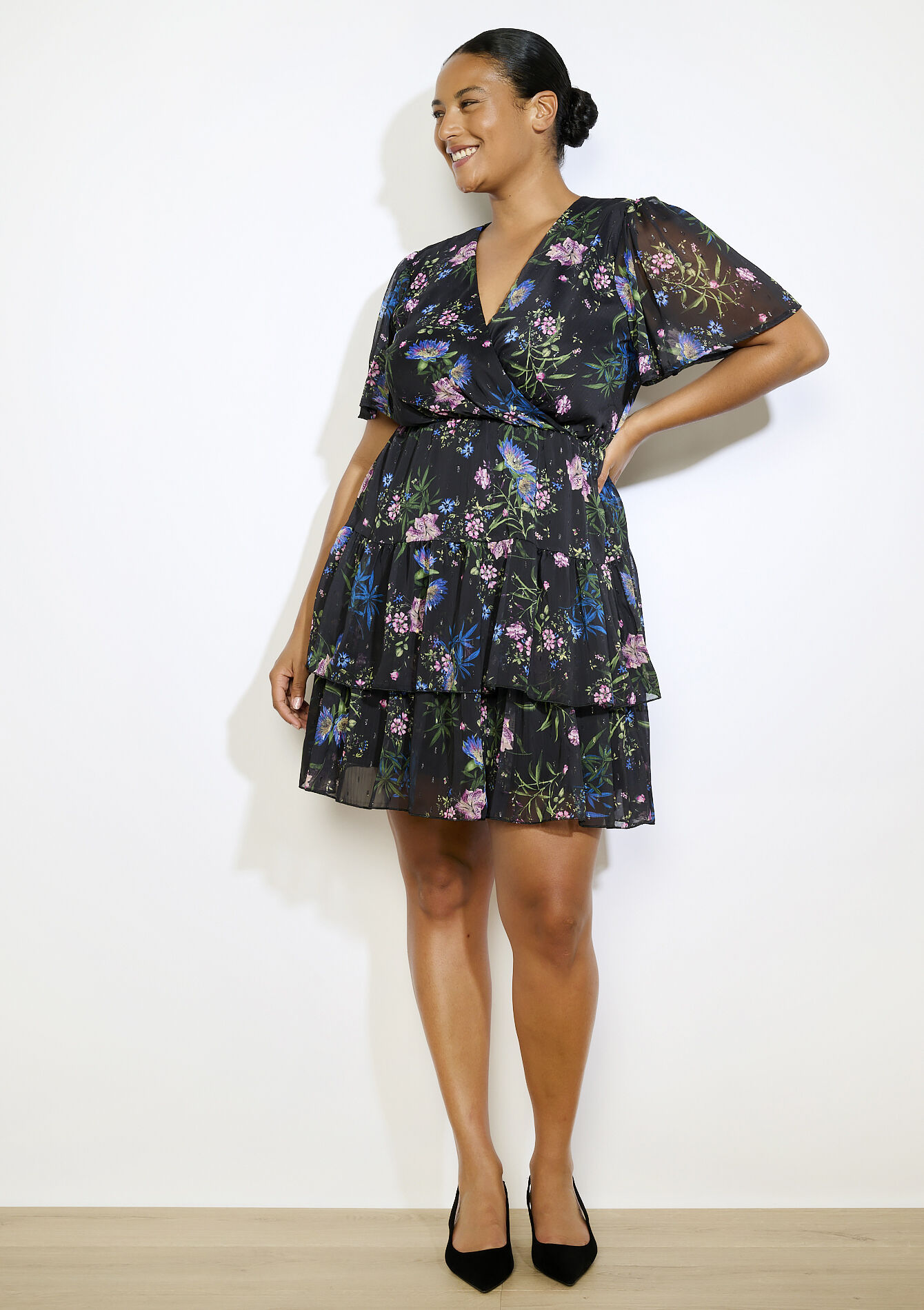 Robe portefeuille fleurie, Robe portefeuille fleurie - BLACK - 08104247_1119