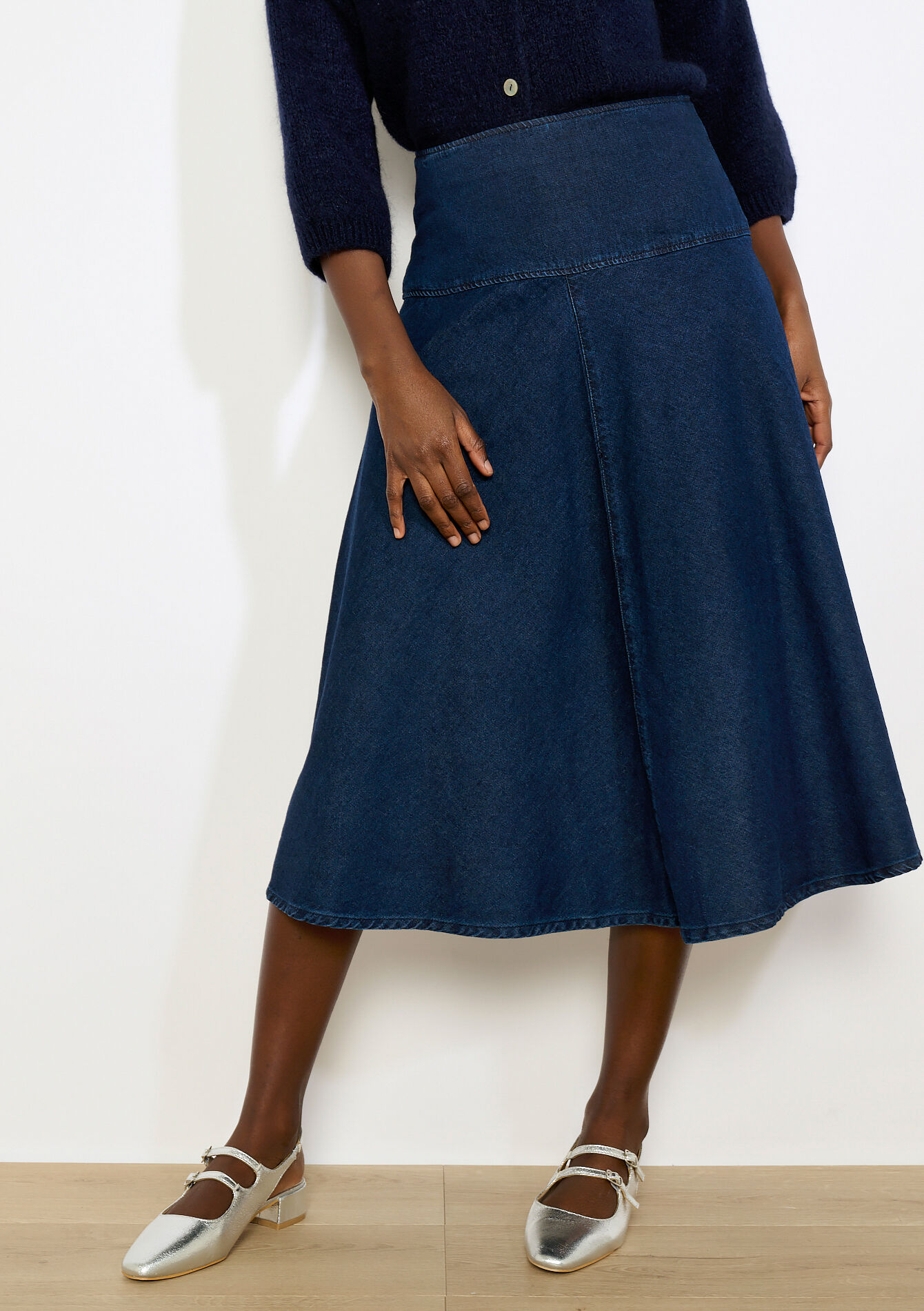 Jupe midi évasée denim - DARK BLUE - 07101482_0501