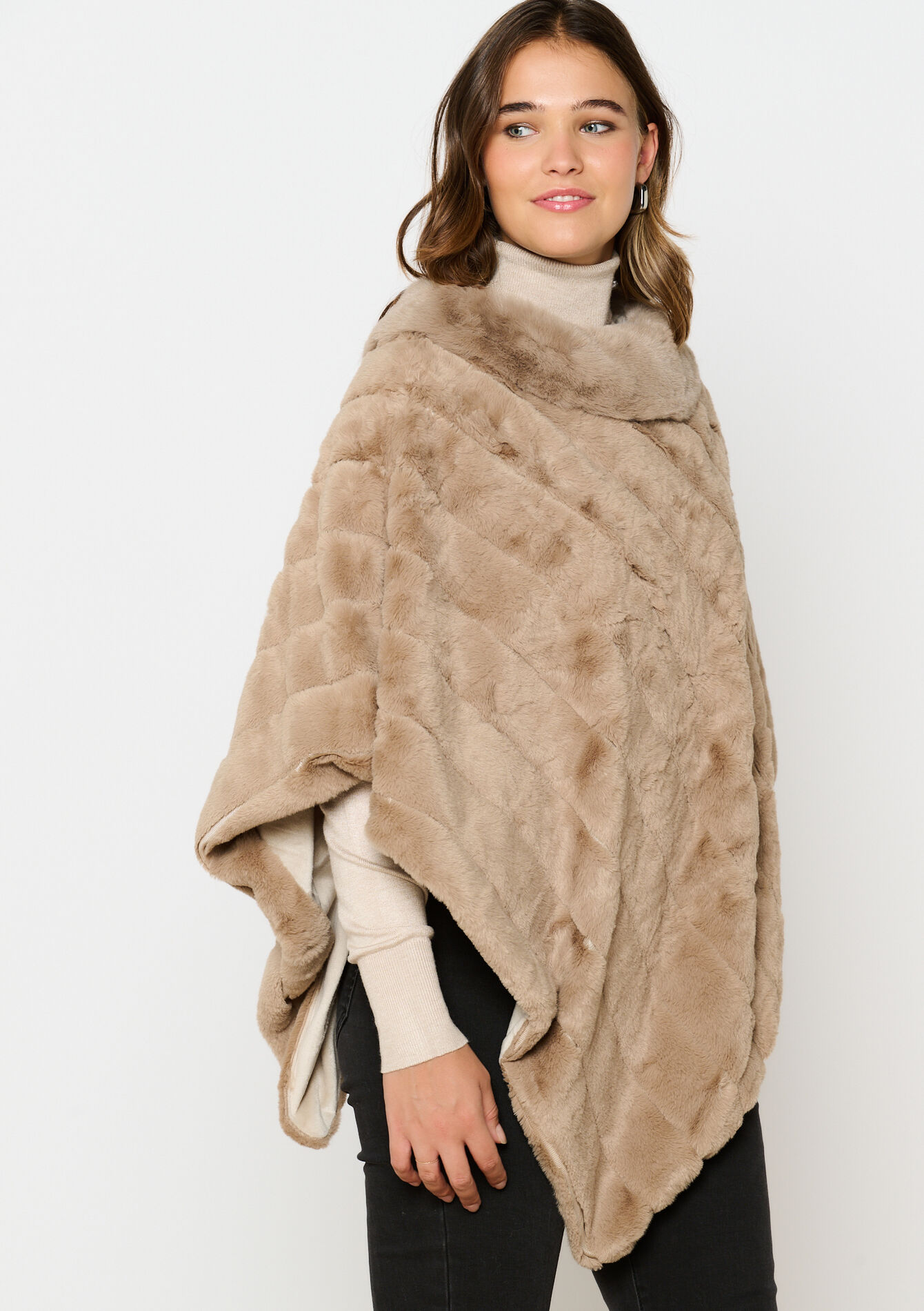 Gestreepte poncho met voering, Gestreepte poncho met voering - TAUPE - 1101854