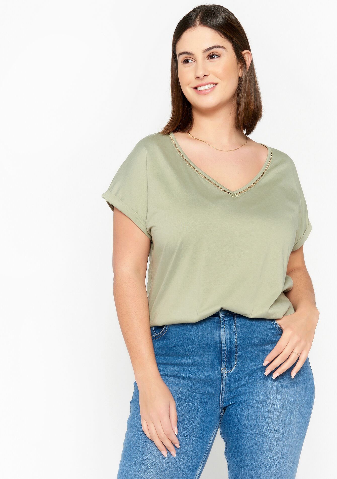 V-neck T-shirt, V-neck T-shirt - KHAKI MED - 02301315_4327