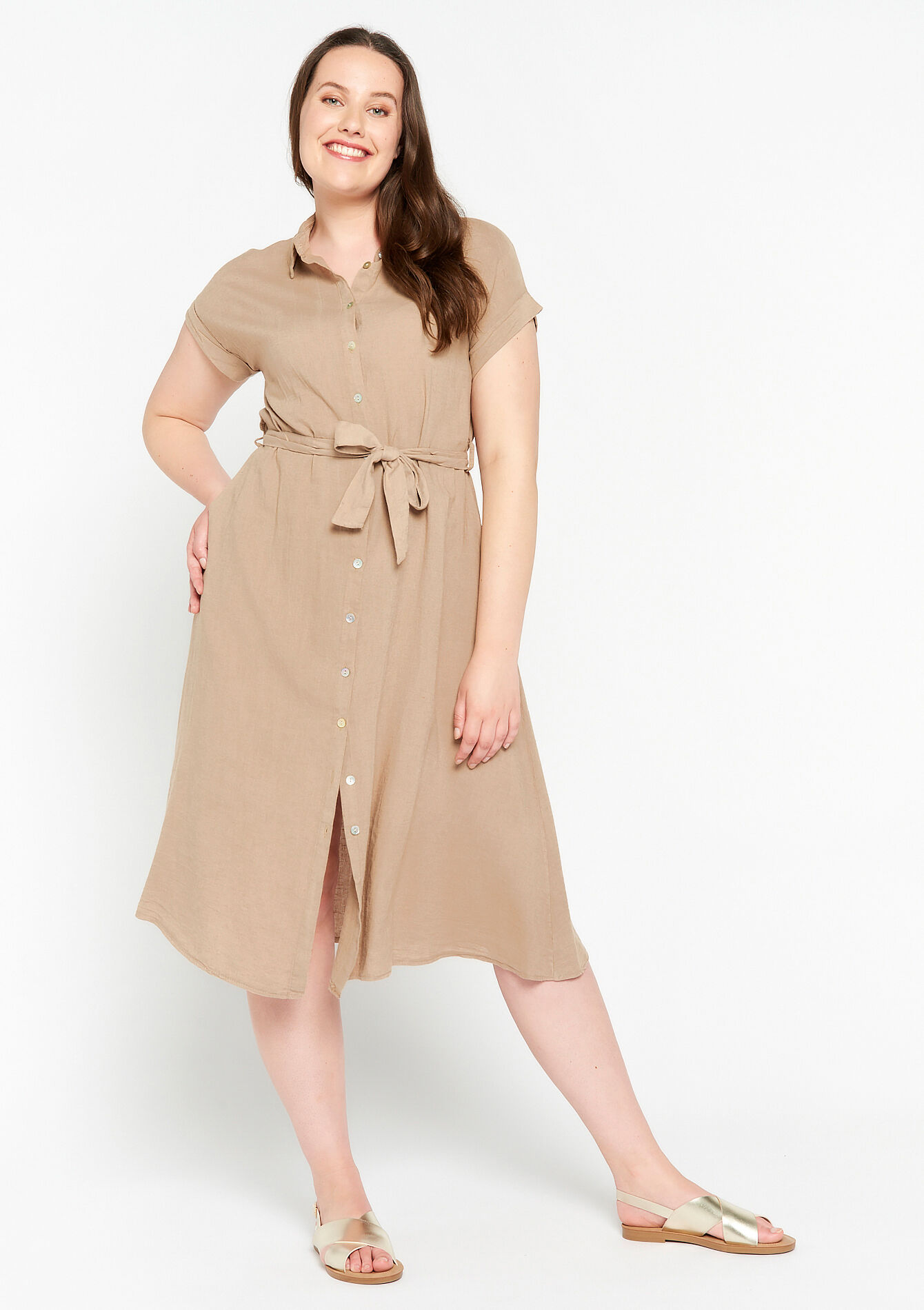 Robe-chemise en lin - TAUPE - 08601990_1021