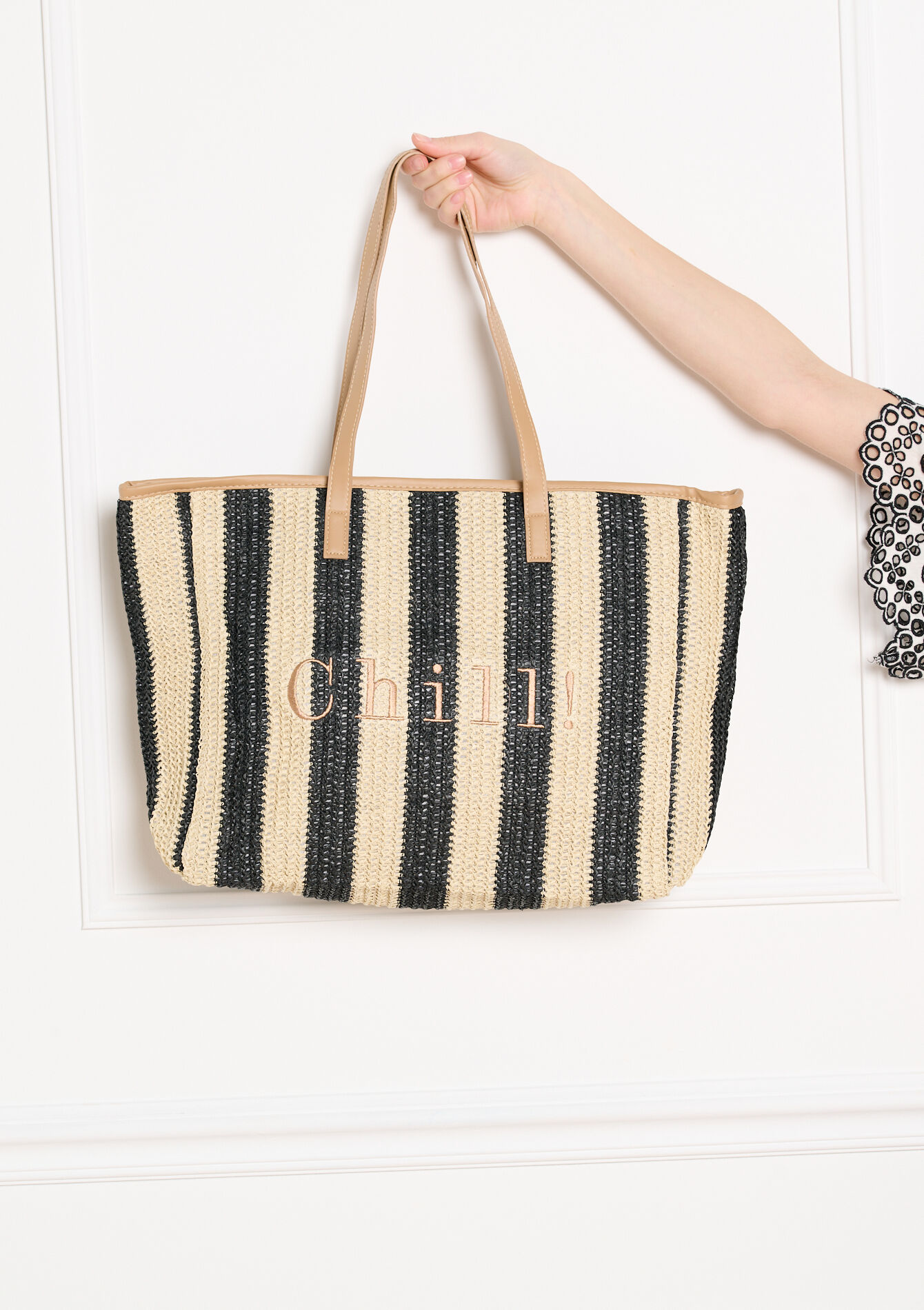 Gestreepte gevlochten tas - BLACK - 14002016_1119