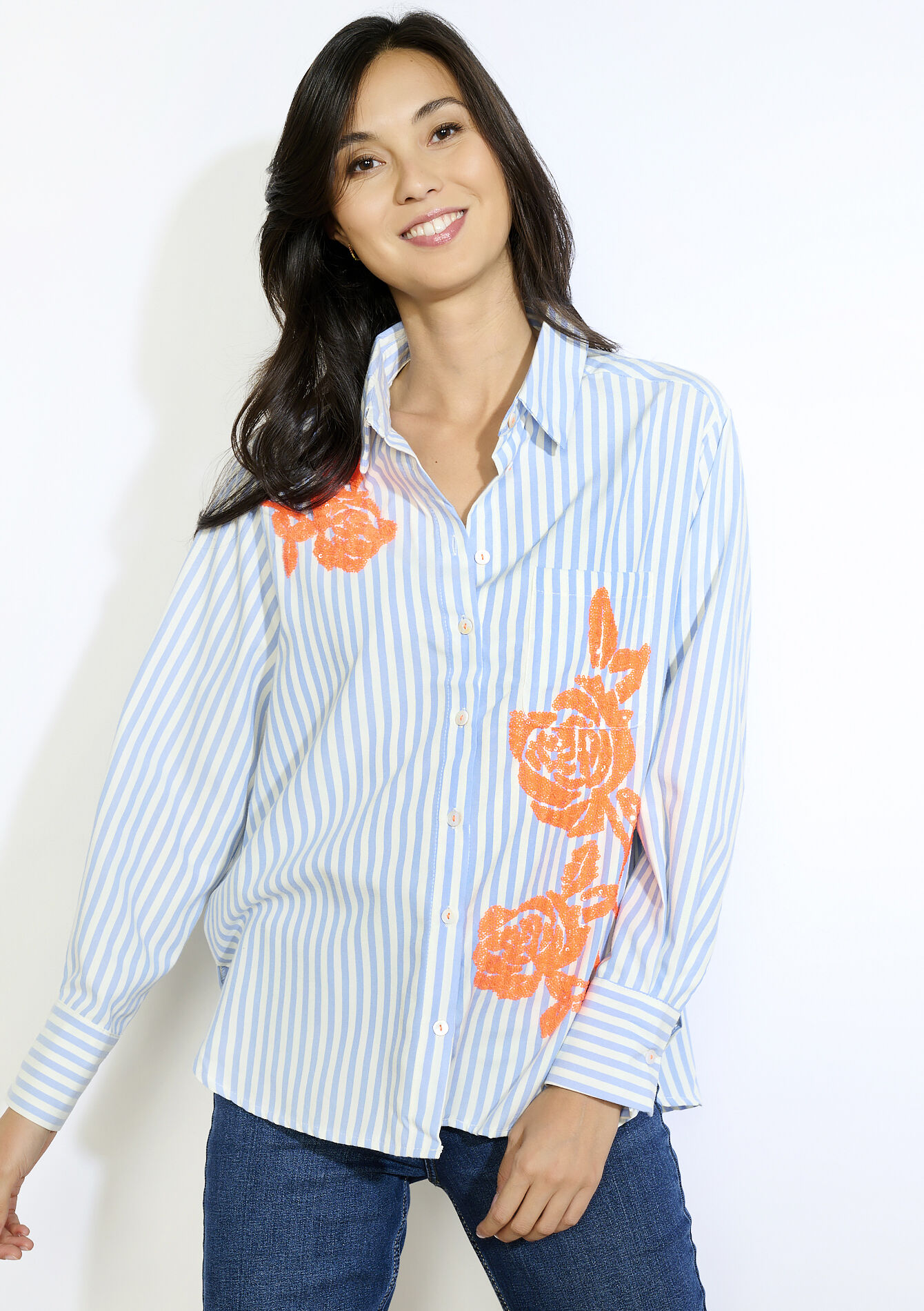 Chemise rayée brodée à sequins, Chemise rayée brodée à sequins - BLUE PASTEL - 05702903_3003