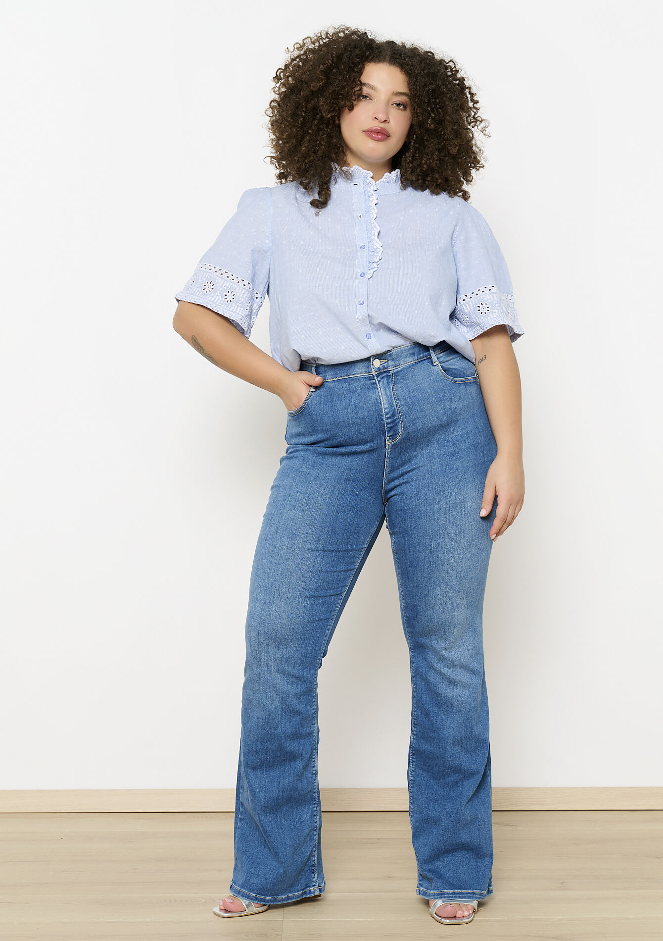 Embroidered cotton blouse, Embroidered cotton blouse - BLUE PASTEL - 1114609