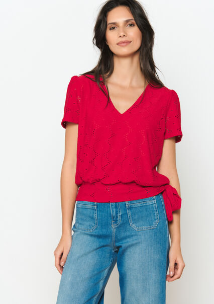 T-shirt en broderie anglaise - ROUGE - 02301574_5301