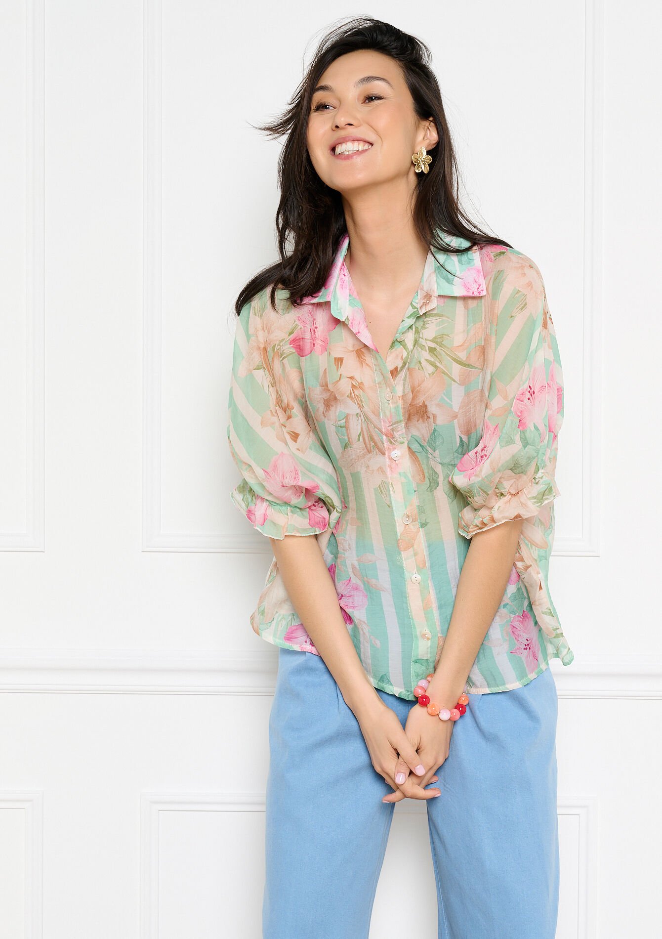 Voile hemd met strepen en bloemen - LIGHT GREEN PASTEL - 05703092_1822