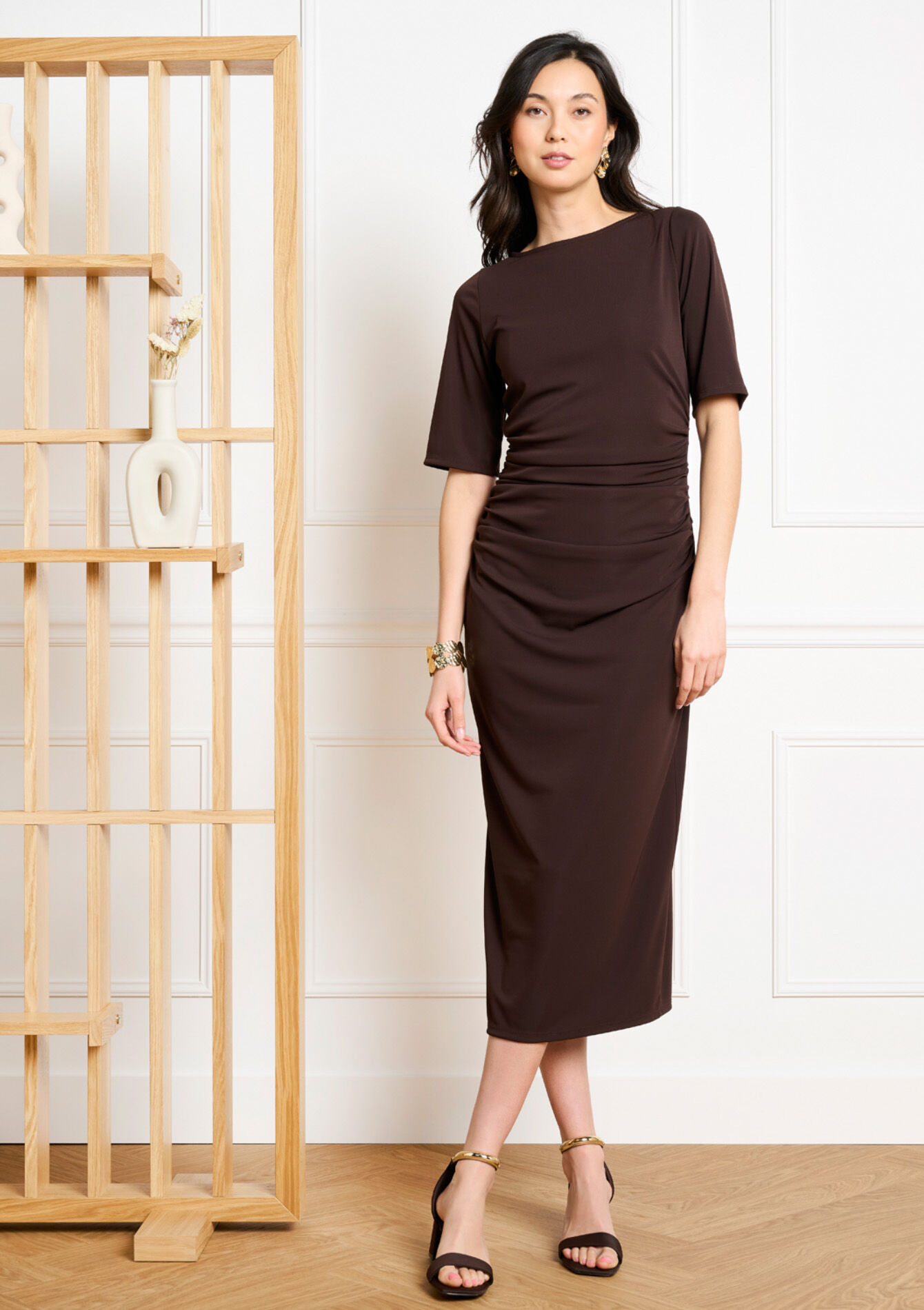 Gedrapeerde midi jurk, , back