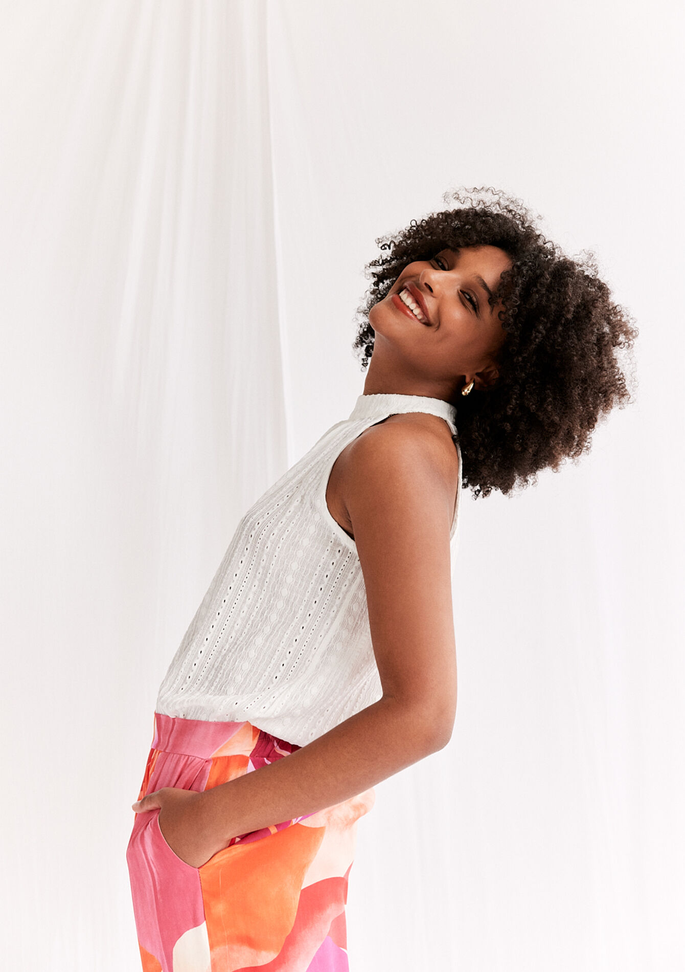 Débardeur brodé à col halter, Débardeur brodé à col halter - OPTICAL WHITE - 02200428