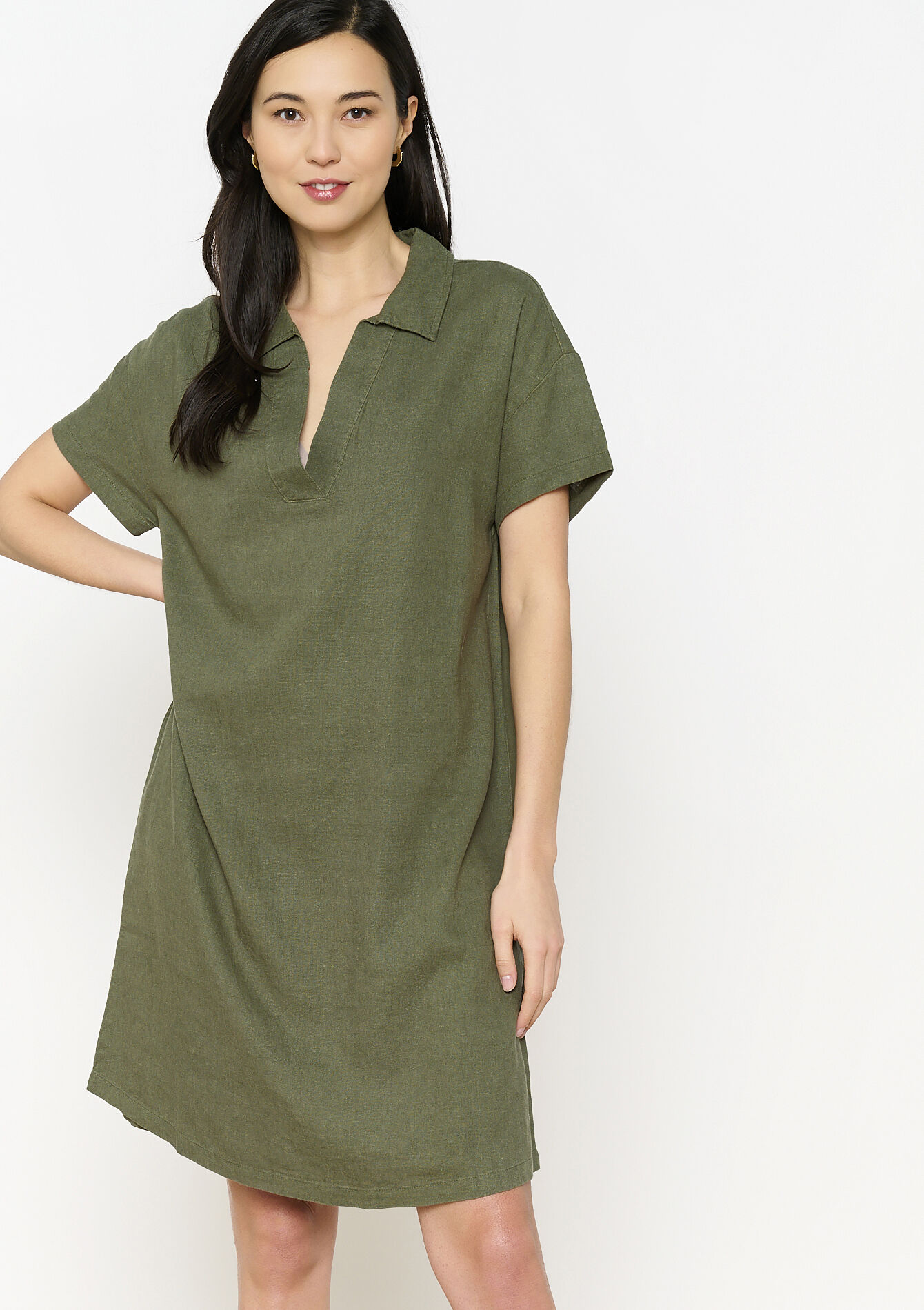 Linnen hemdjurk, Linnen hemdjurk - KHAKI MED - 08104189_4327