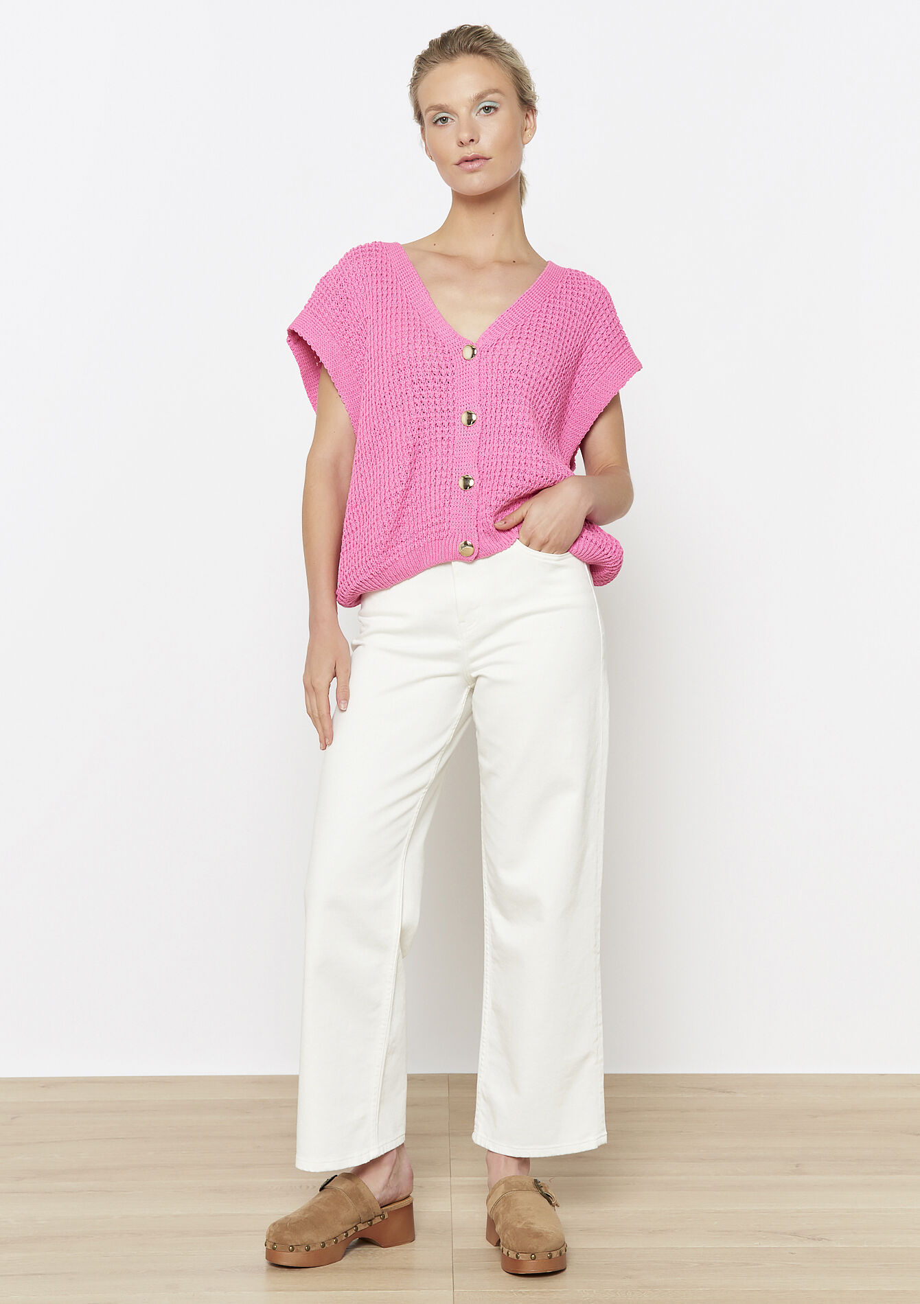 Gebreid vest met knopen, Gebreid vest met knopen - PINK BUBBLEGUM - 02200499_1477