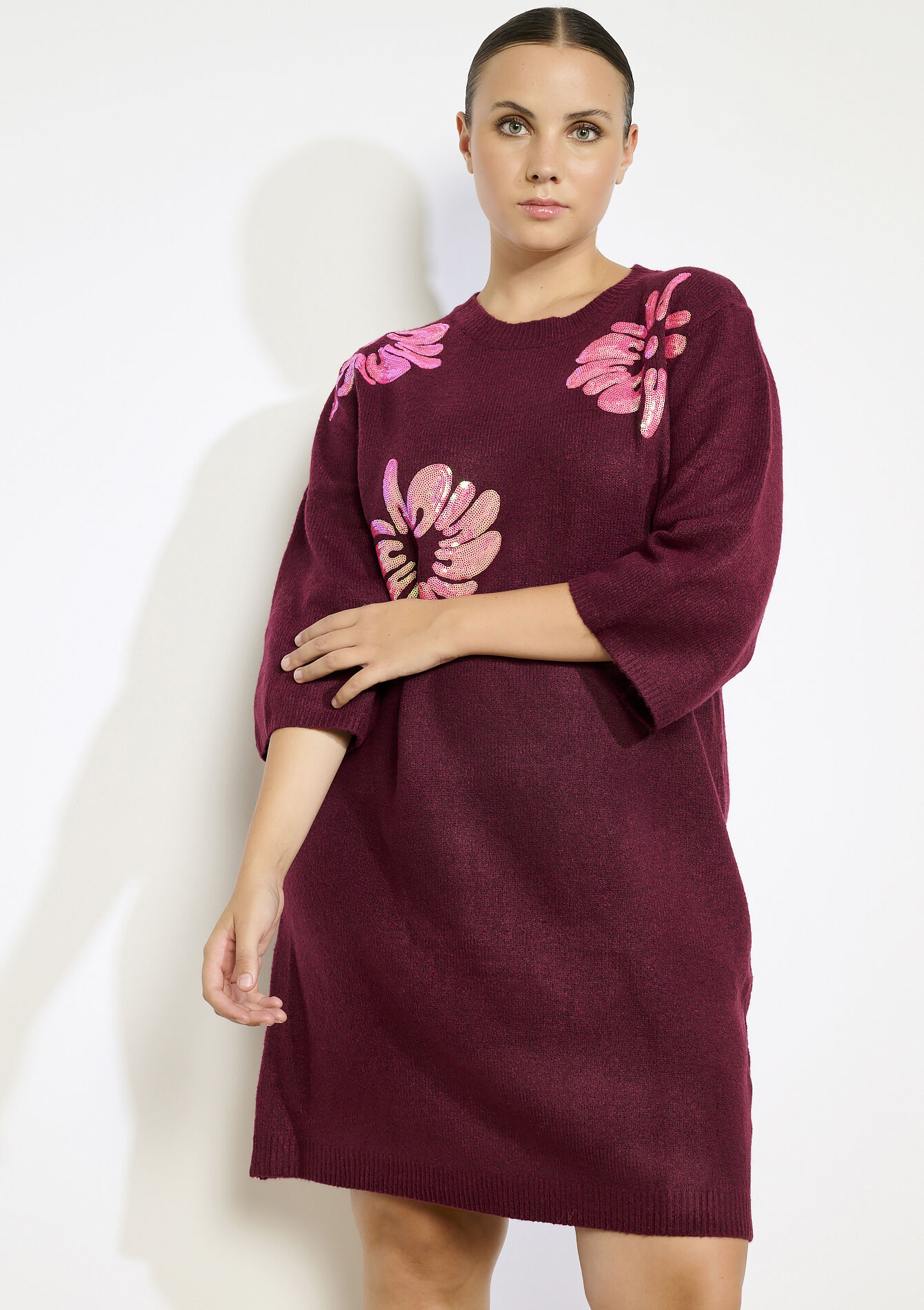 Robe pull fleurie brodée, Robe pull fleurie brodée - BORDEAUX WINE - 08104284_5514