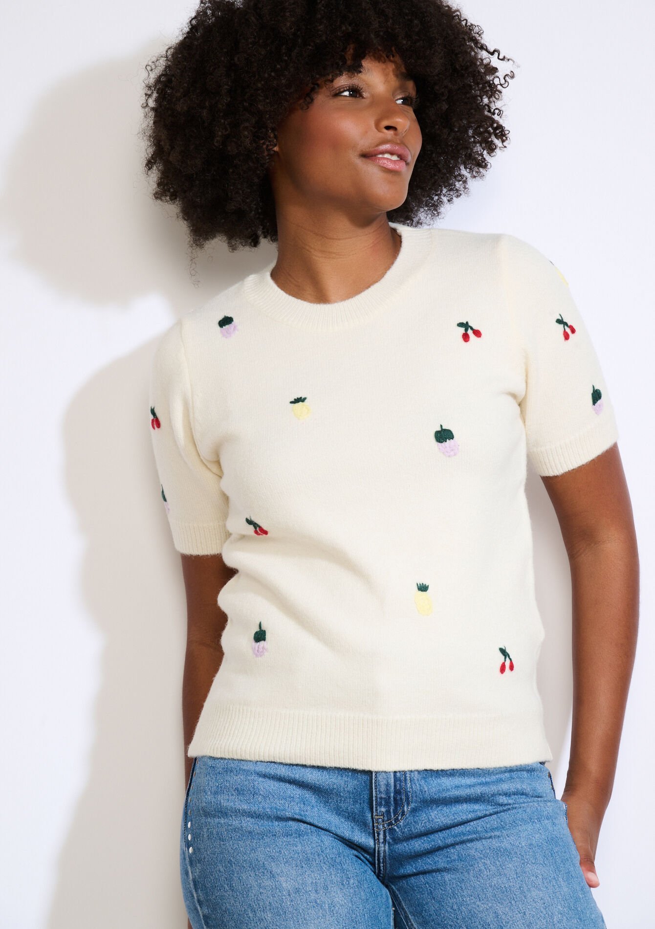 Embroidered fruit knit - VANILLA WHITE - 04006982
