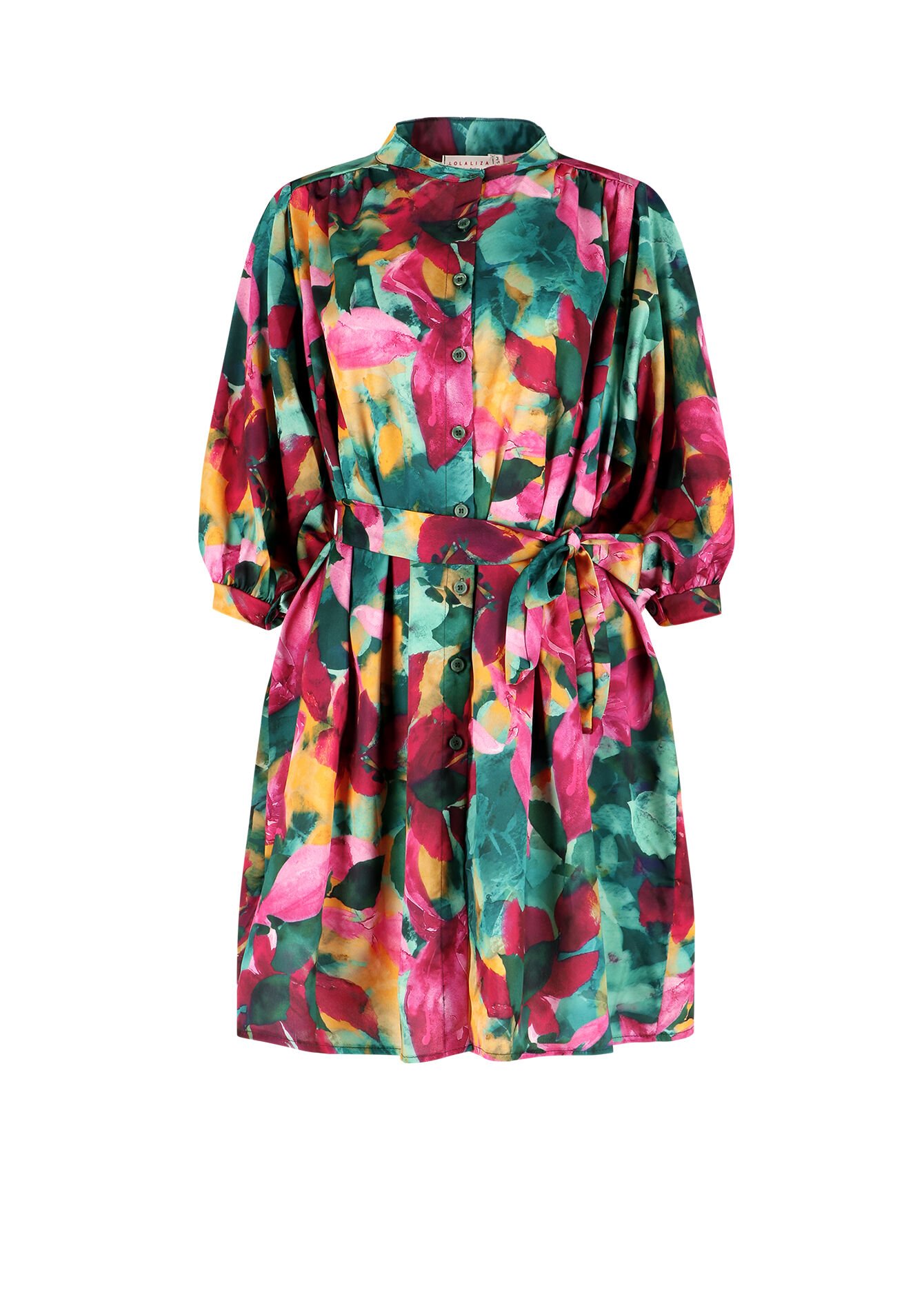 Satijnen hemdjurk met bloemenprint - FUCHSIA - 08103371_5626