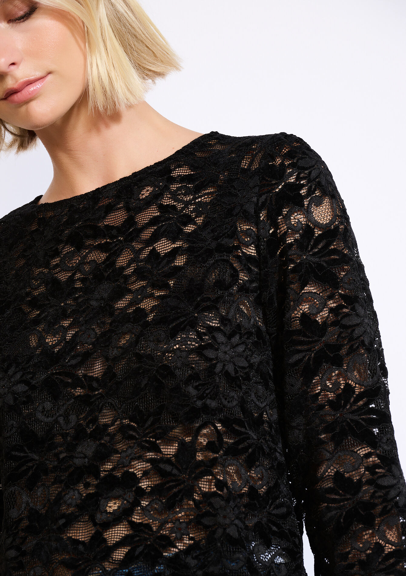 Haut dentelle manche 3/4, Haut dentelle manche 3/4 - BLACK - 02301923_1119