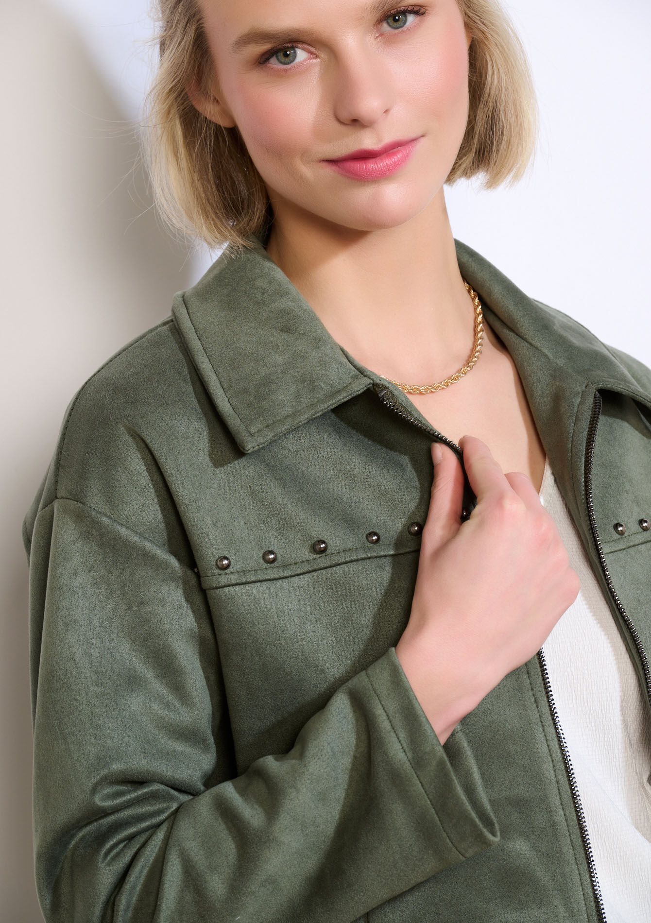 Studded suede zip jacket - KHAKI MED - 09101192_4327