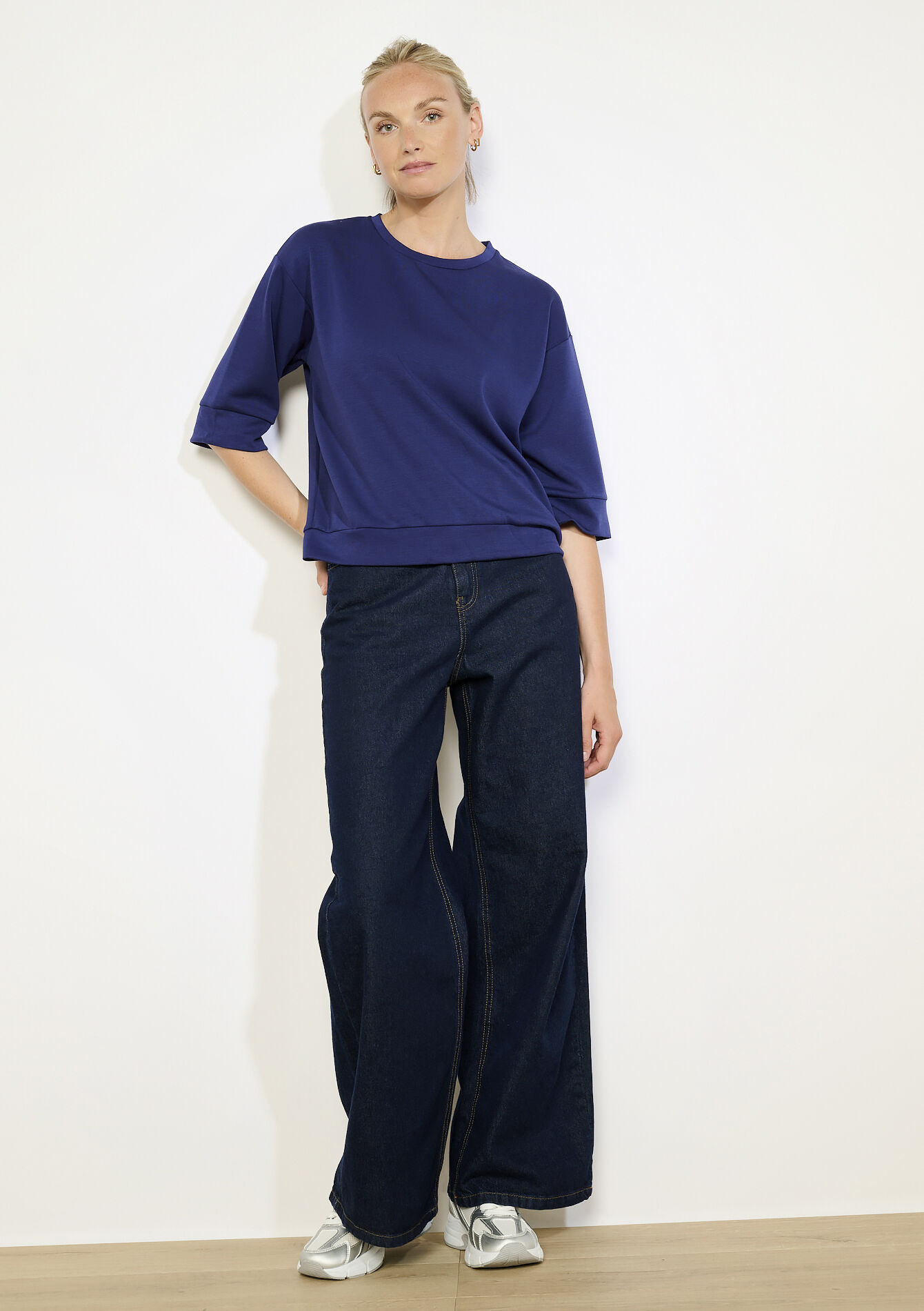 Boxy sweatshirt met korte mouwen, Boxy sweatshirt met korte mouwen - NAVY BASIC - 03001802_2723