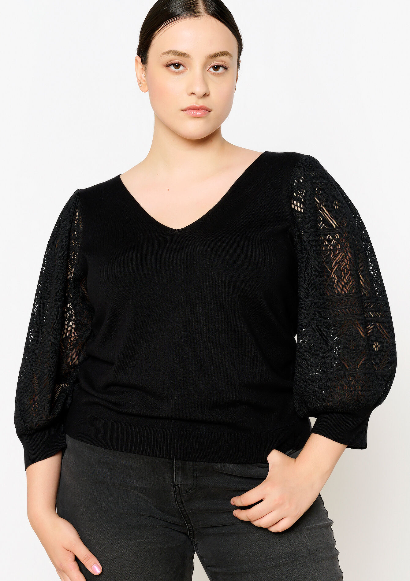 Trui met kanten mouwen, Trui met kanten mouwen - BLACK BEAUTY - 04006506_2600