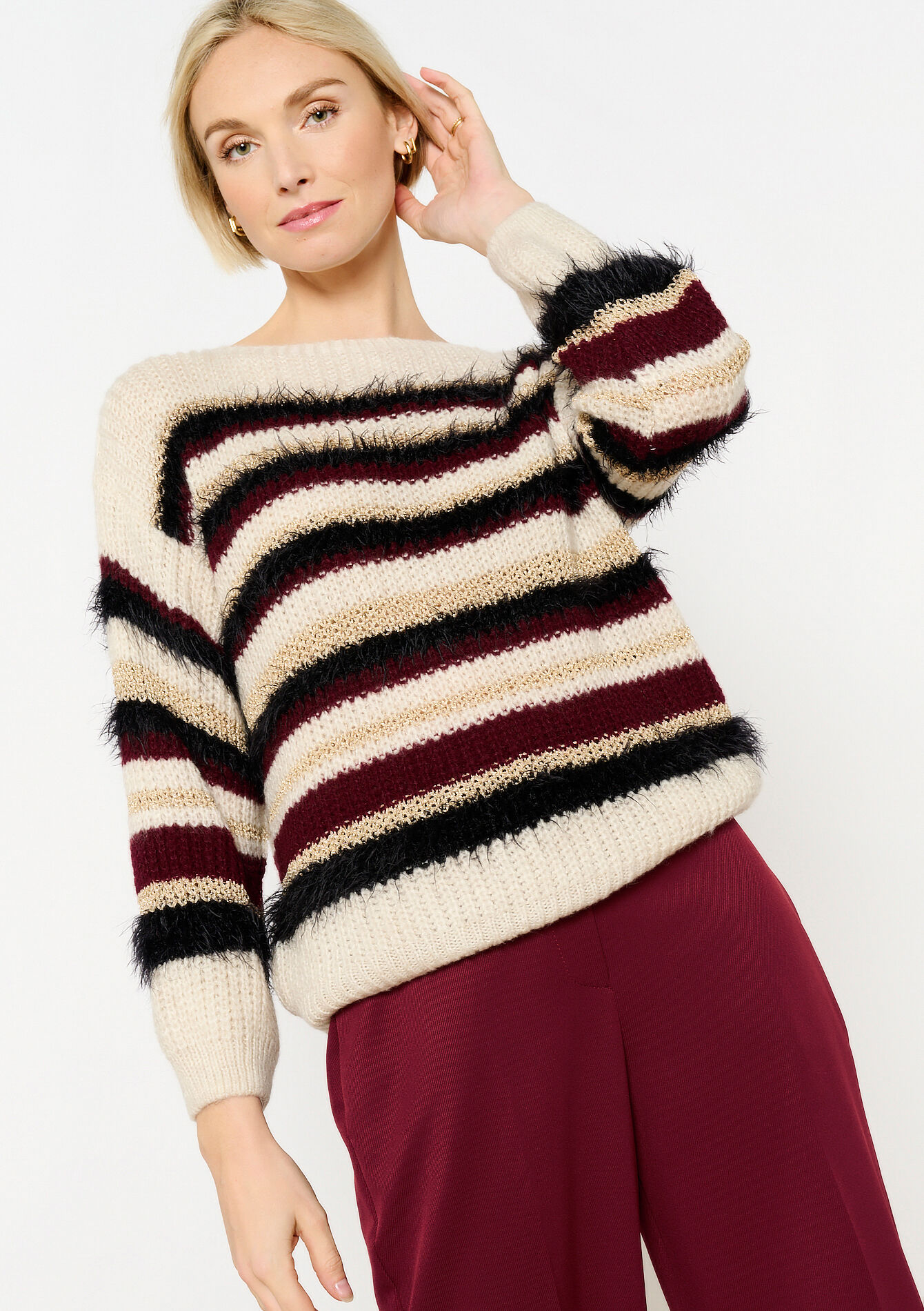 Striped sweater with eyelash, Striped sweater with eyelash - TAUPE - 04006801_1021