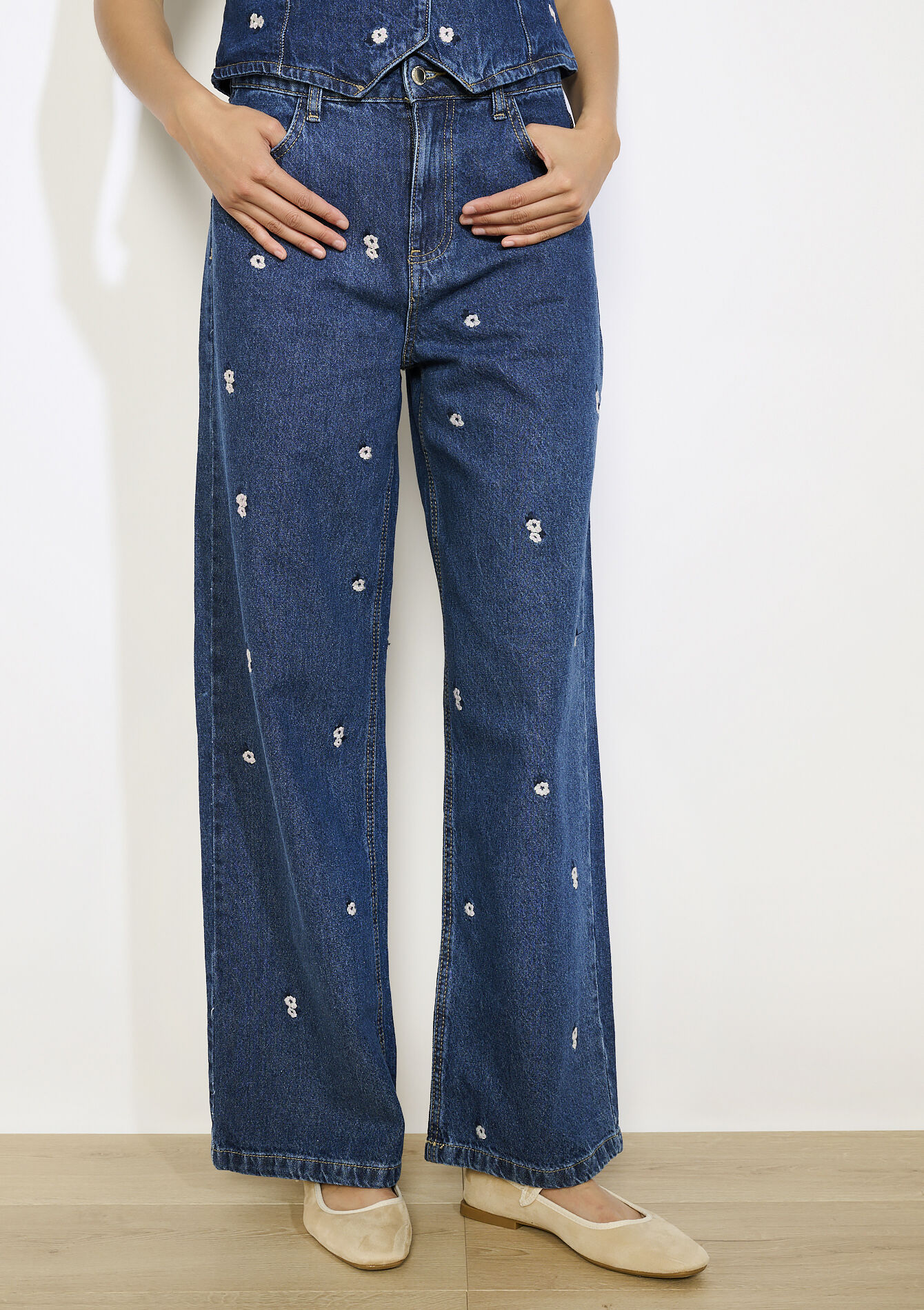 Hoge taille geborduurde jeans, Hoge taille geborduurde jeans - DARK BLUE - 22000622_0501