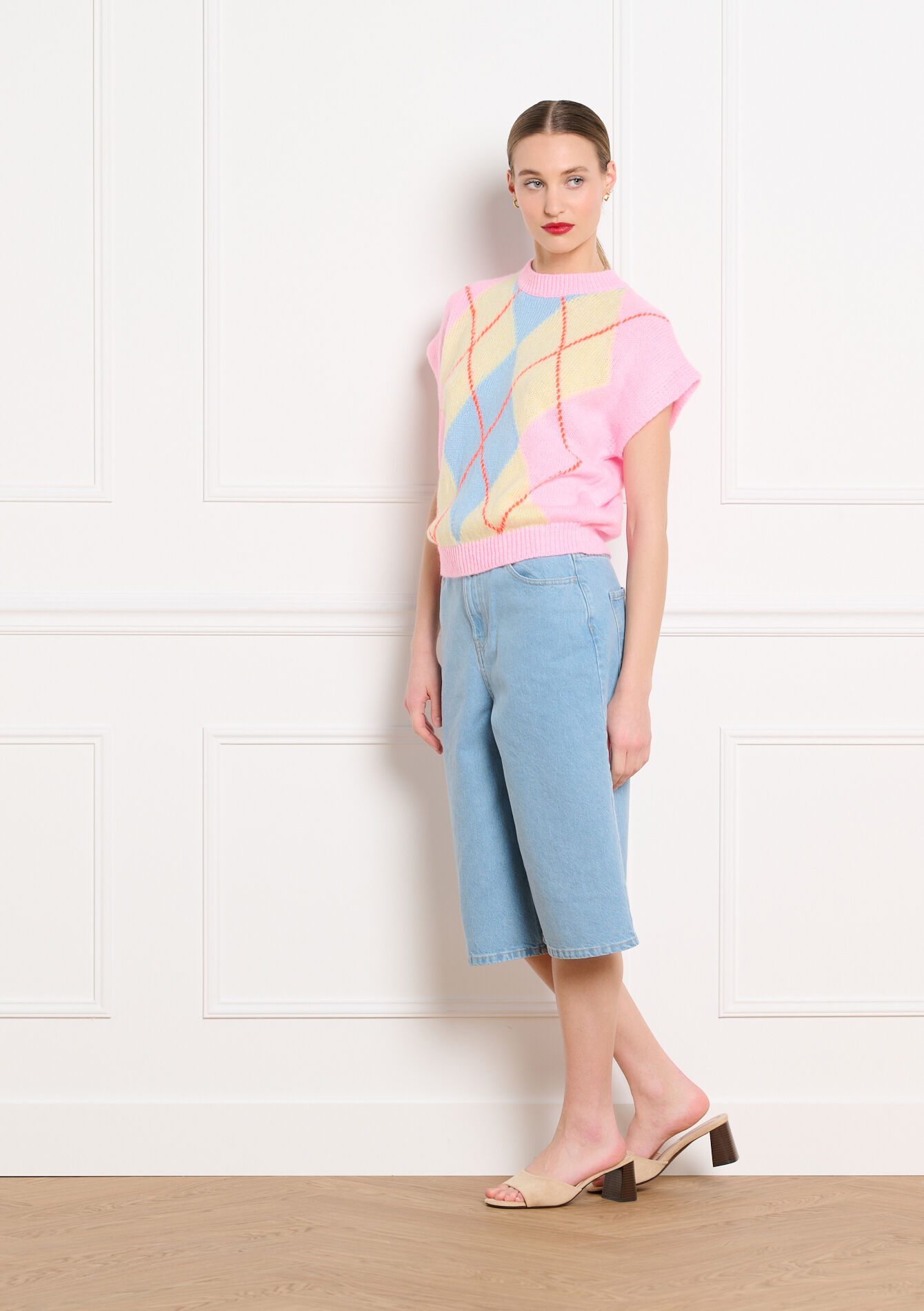 Korte mouwen trui met ruitmotief - LIGHT PINK - 04007294_1303