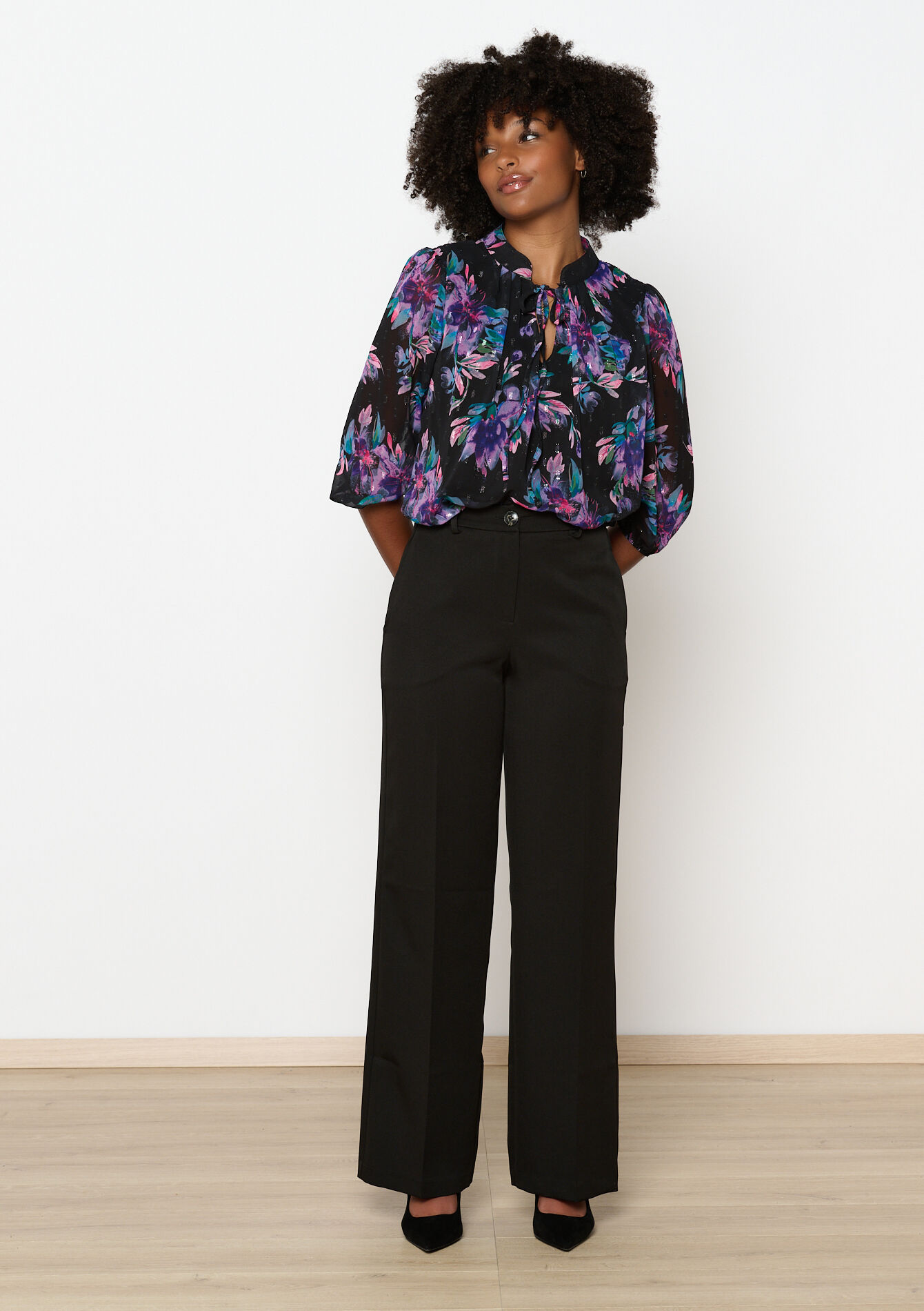 Wijde broek in keperstof, Wijde broek in keperstof - BLACK - 06100648_1119