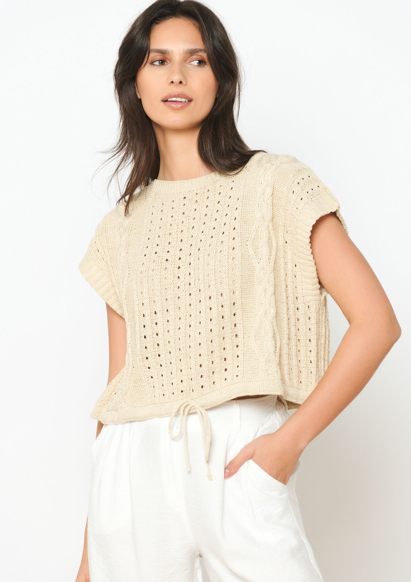 Crochet trui met korte mouwen, Crochet trui met korte mouwen - LT BEIGE - 04006544_2527