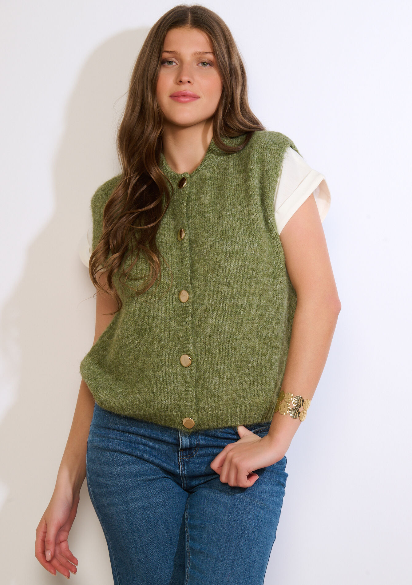 Mouwloos gebreid gilet, , back