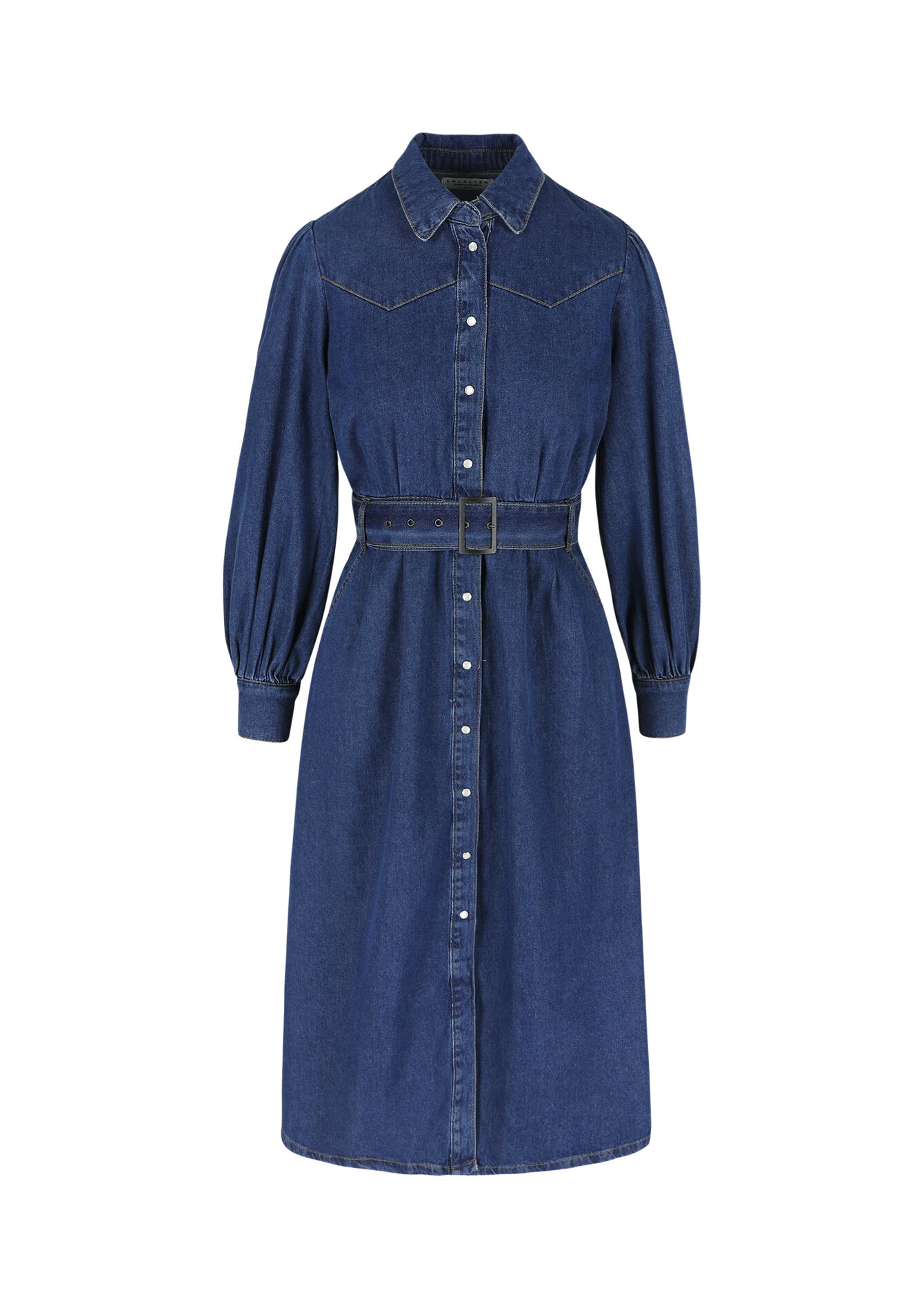 Robe mi-longue en denim avec ceinture - DARK BLUE - 08103716_0501