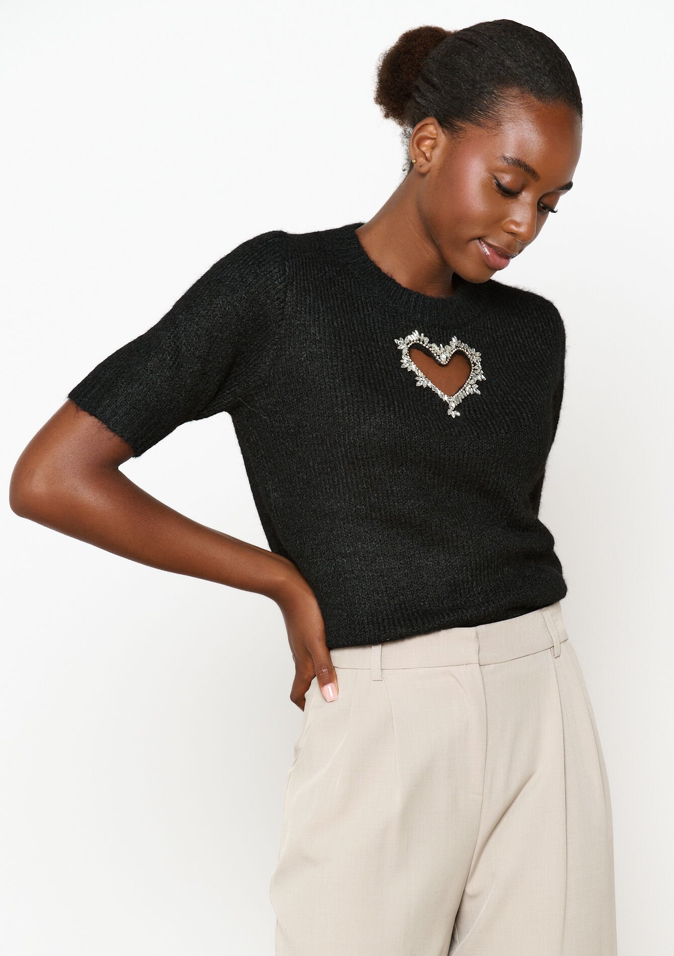 Pullover avec coeur et strass, Pullover avec coeur et strass - BLACK - 04006615_1119