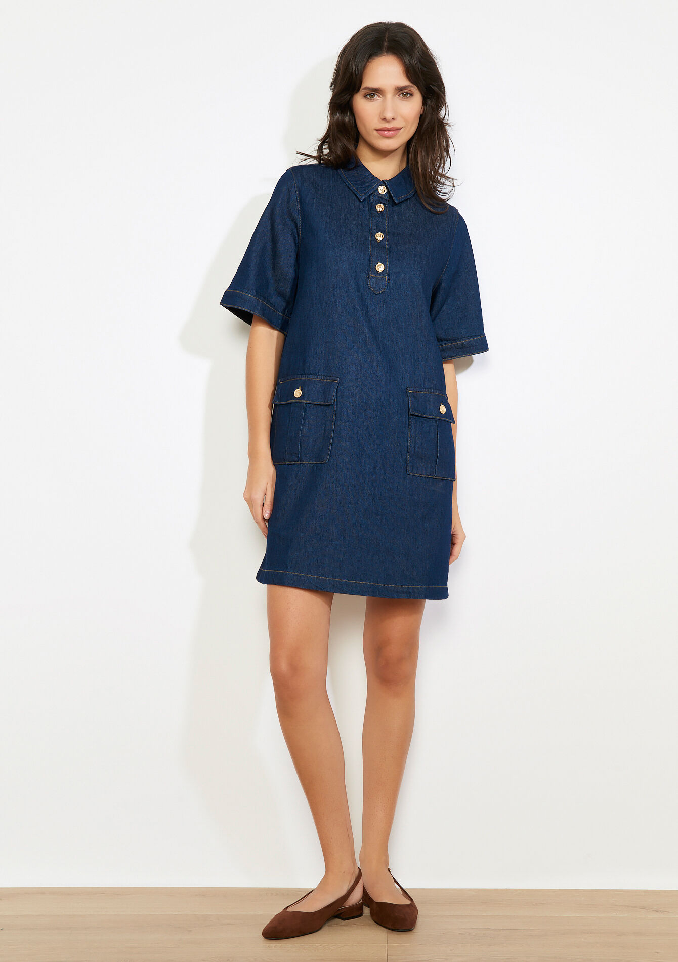 Korte overhemdjurk van denim - DARK BLUE - 08104289_0501