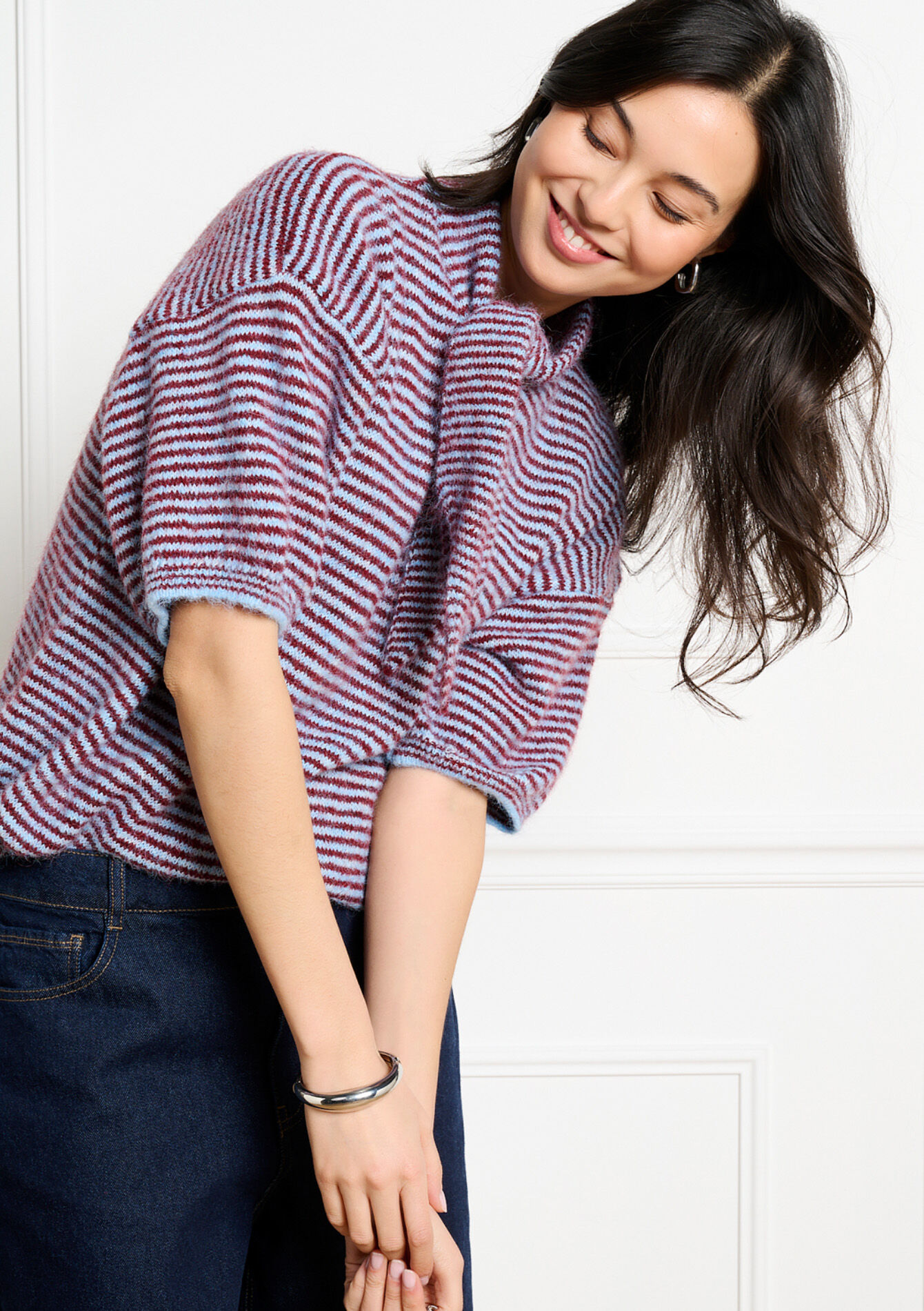 Gestreepte trui met korte mouwen - LT BLUE - 04007220_2519