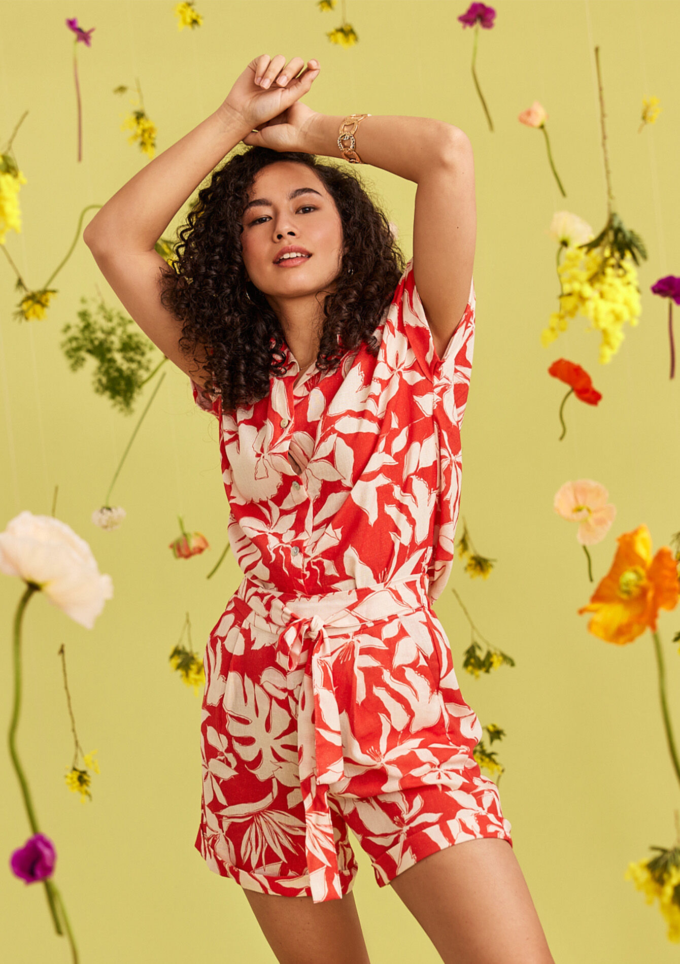 Linen shirt with tropical print, Linen shirt with tropical print - CORAL BRIGHT - 05702187_2007