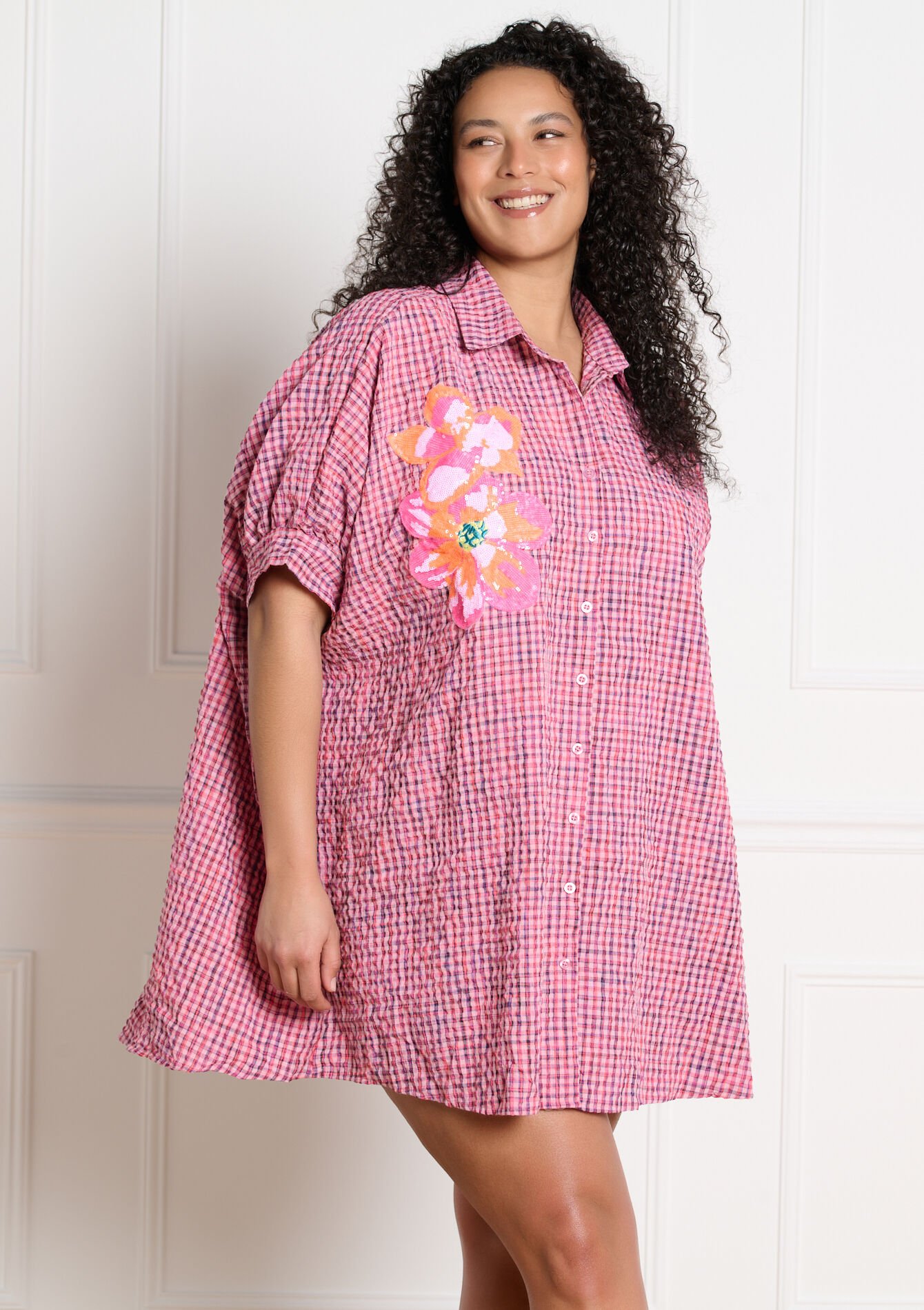 Gingham short shirt dress, Gingham short shirt dress - PINK BUBBLEGUM - 08104449_1477