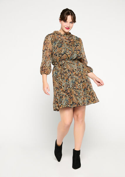 Short dress with paisley print - OCHER HONEY - 08102662_5112