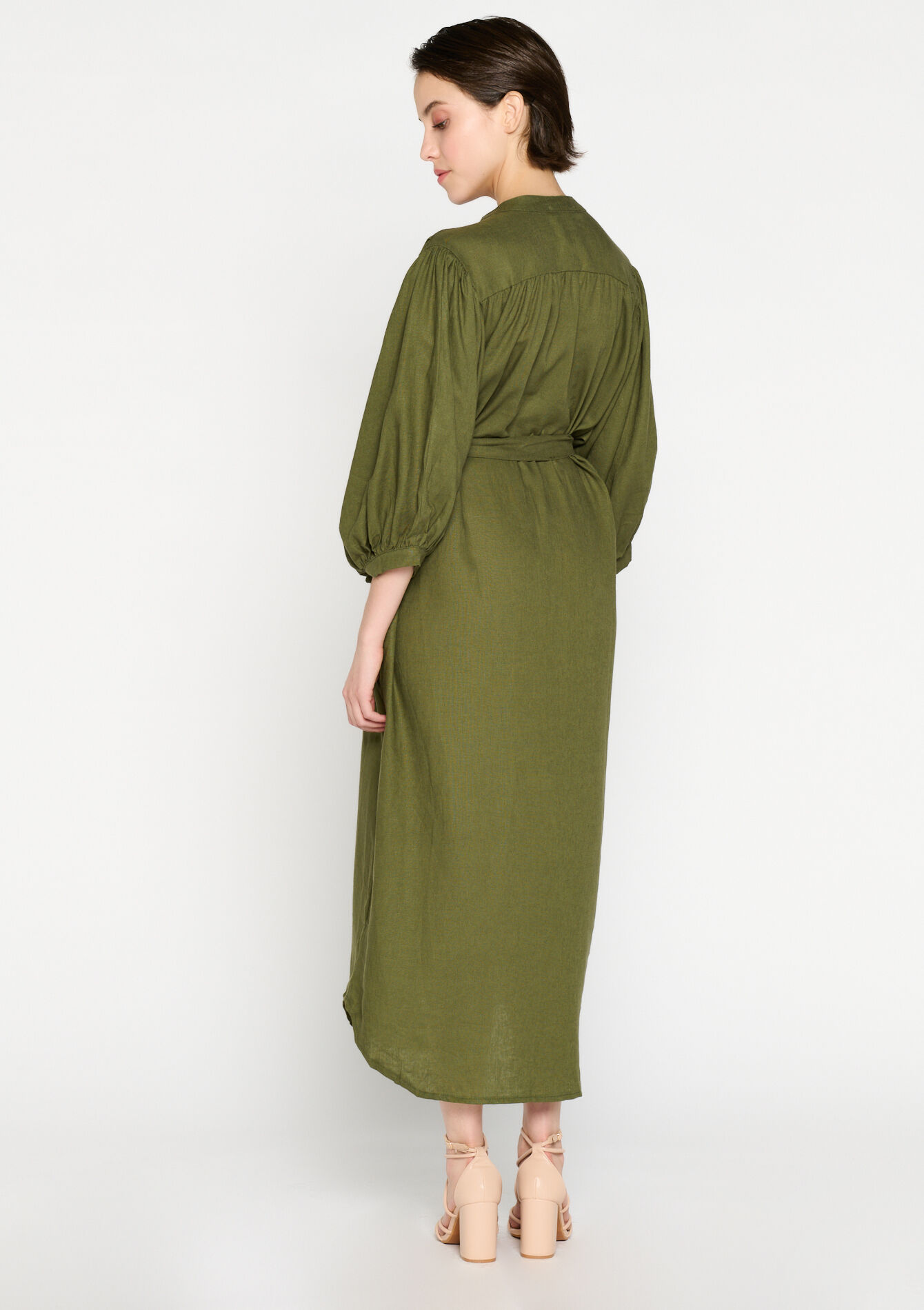 Robe en lin avec manches ballon - KHAKI FADED - 08602165_4326