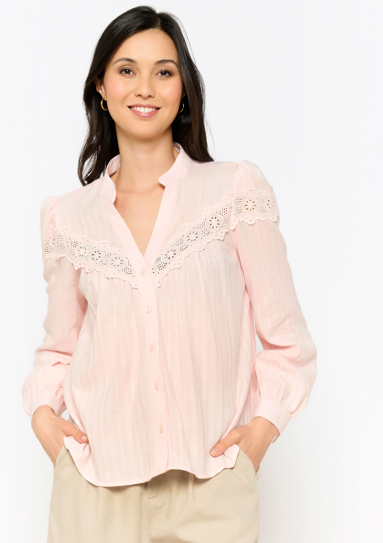 Katoenen hemd met macramé, Katoenen hemd met macramé - NUDE PINK - 05702439_1301