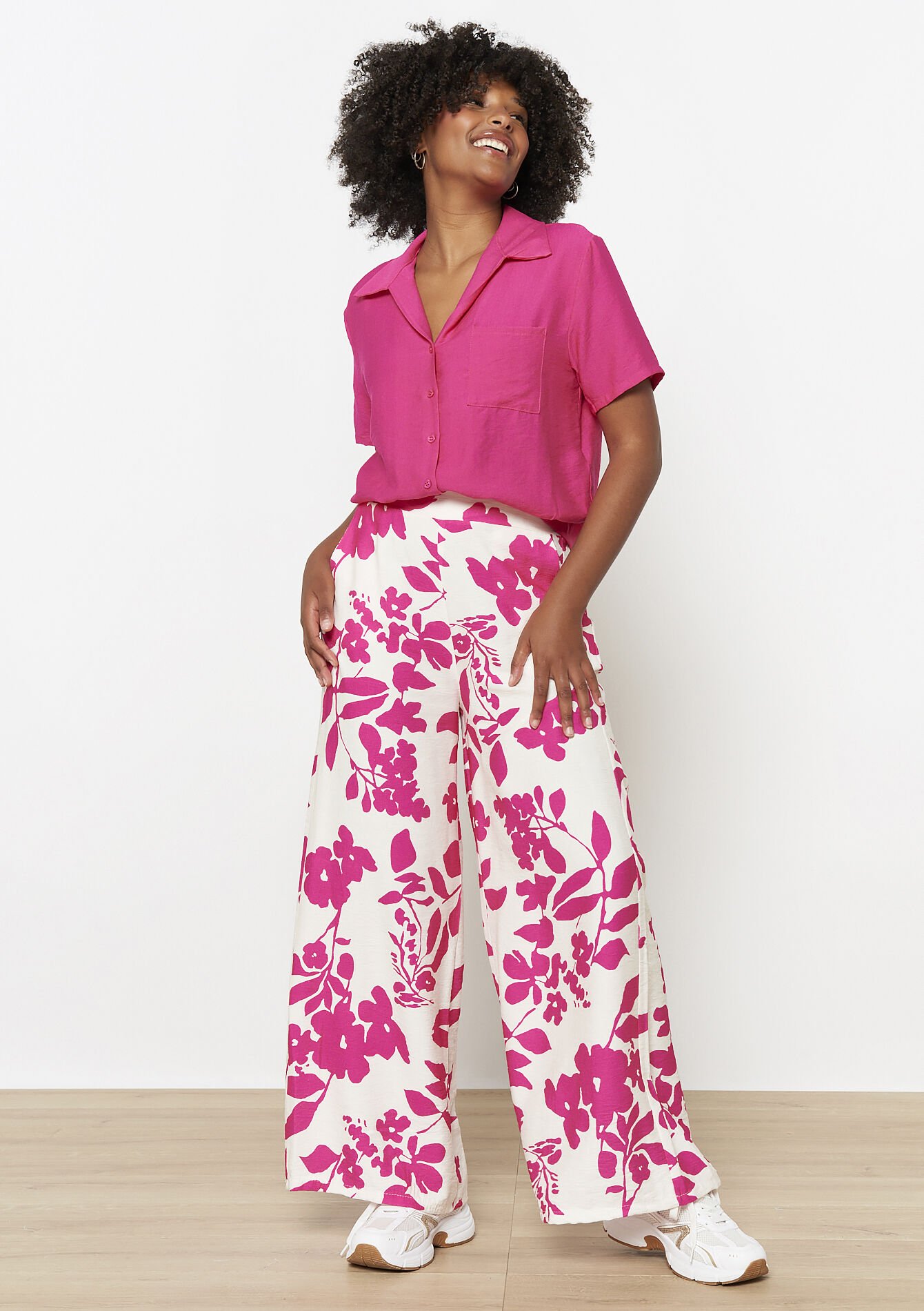 Wijde bloemenprint broek - FUCHSIA - 06600968_5626