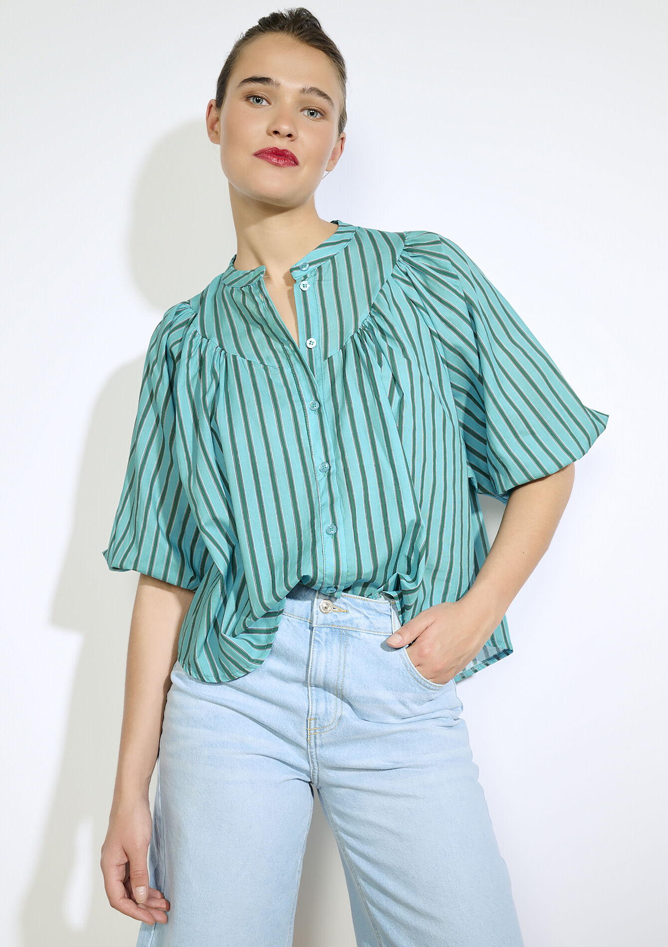 Chemise rayée à manches larges - TURQUOISE - 05702892_1759