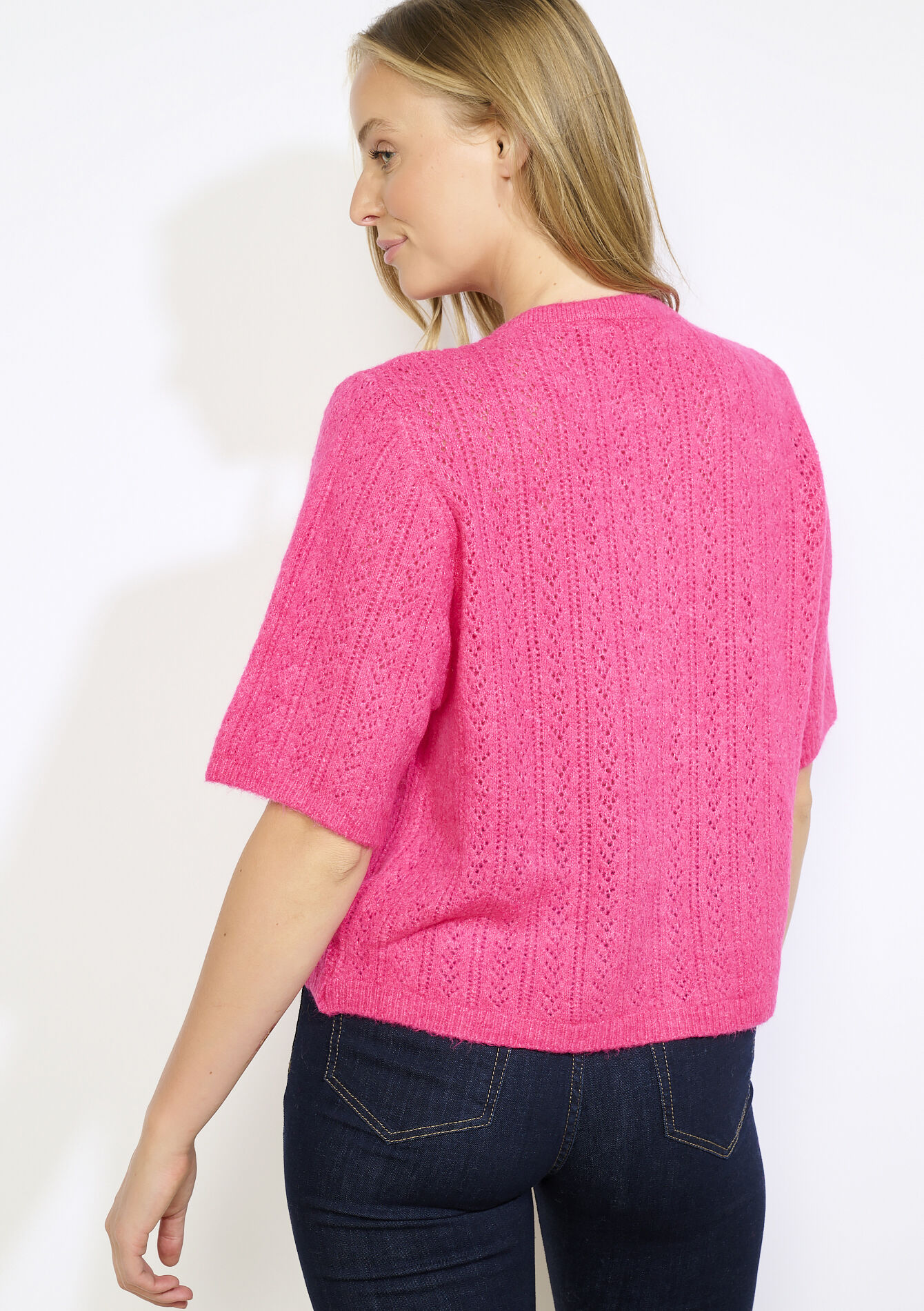 Openwork short-sleeve cardigan, Openwork short-sleeve cardigan - FLUO PINK - 04101335_5727