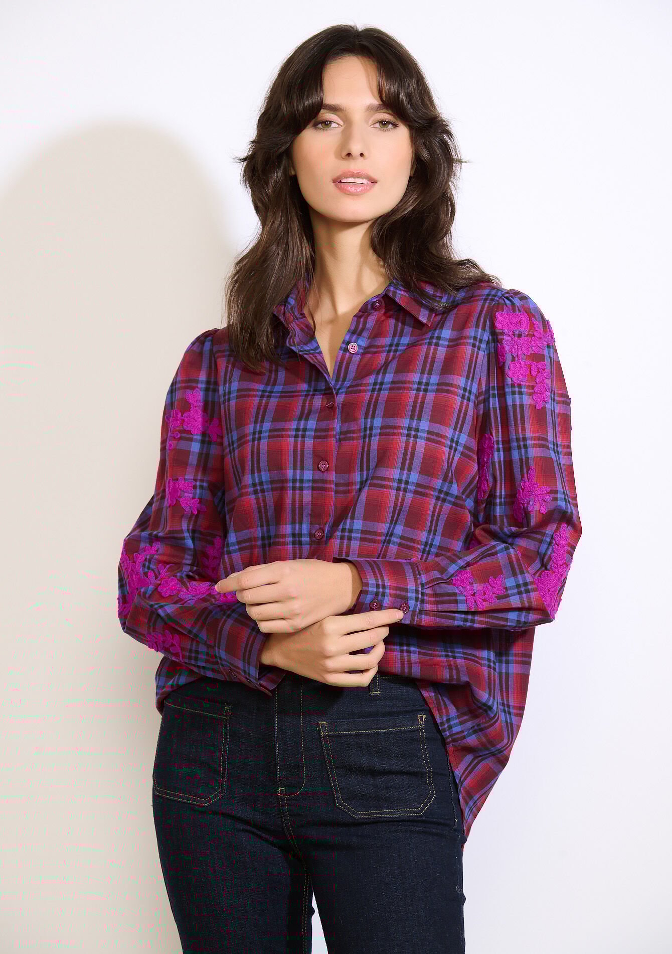 Geruite blouse met borduurwerk, Geruite blouse met borduurwerk - TURQUOISE - 05702994_1759