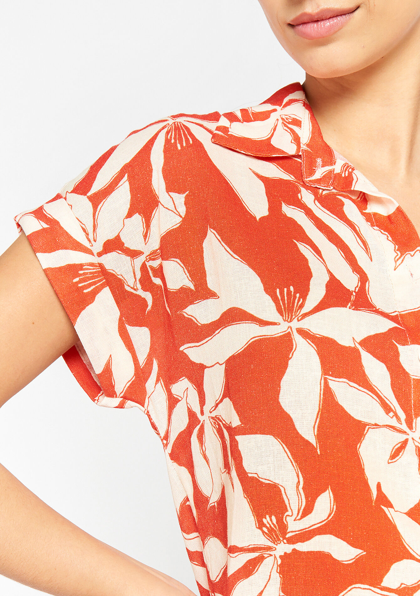Linen shirt with tropical print, Linen shirt with tropical print - CORAL BRIGHT - 05702187_2007