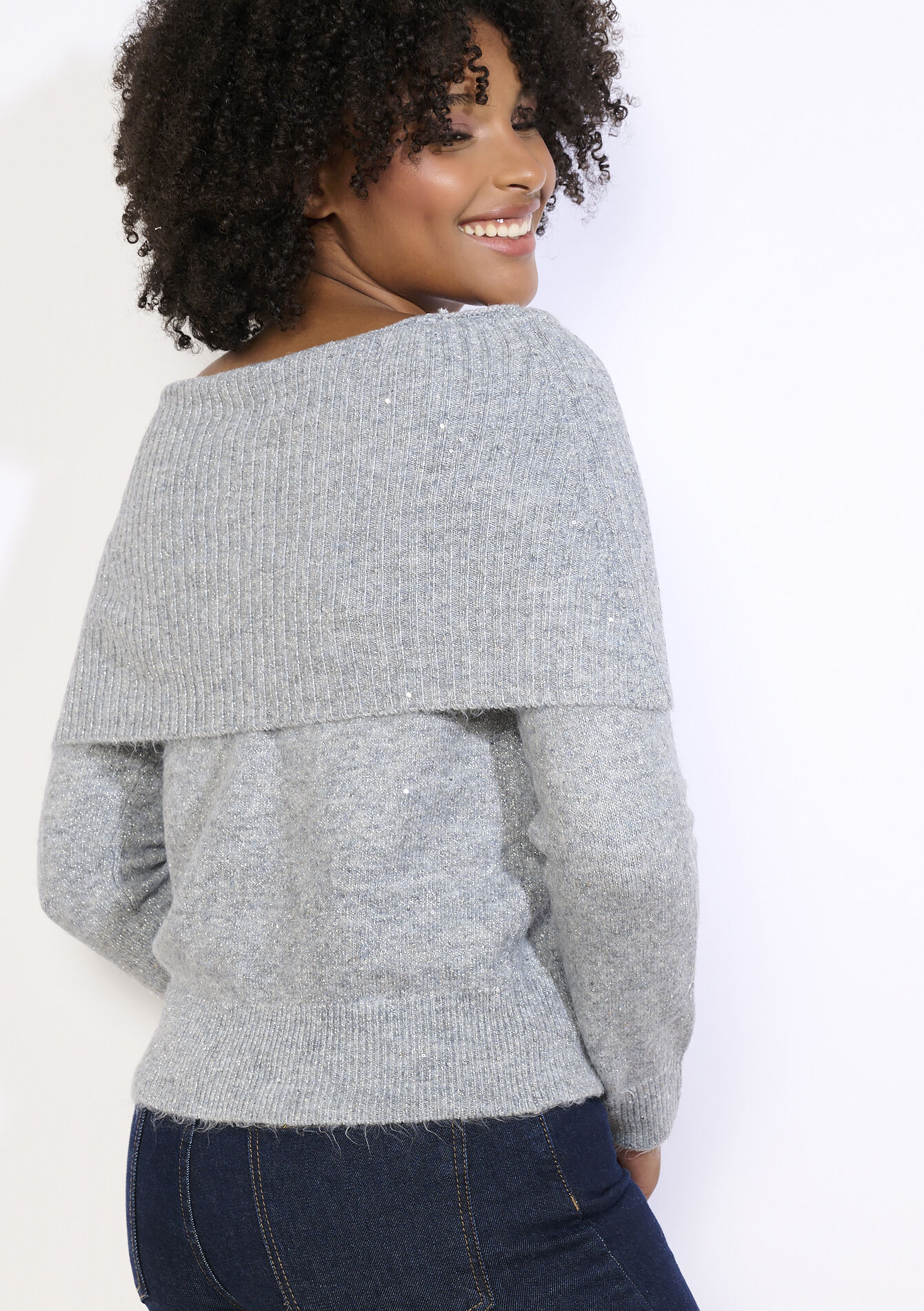Off-shoulder sequin sweater - GREY MED MEL - 04006933