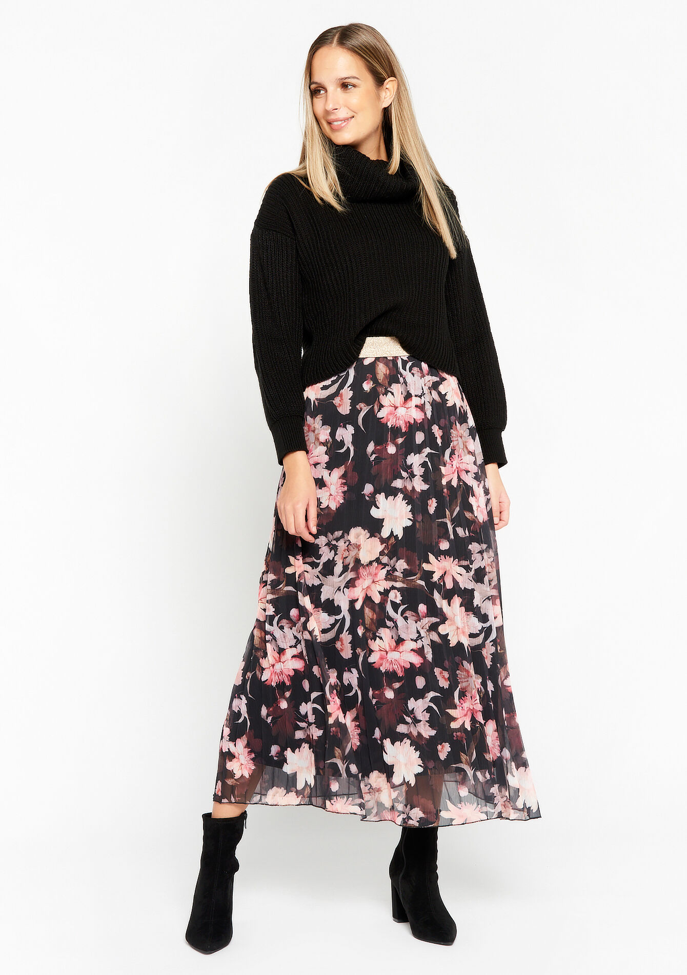 Maxi skirt with floral print, Maxi skirt with floral print - BLACK - 07101068_1119