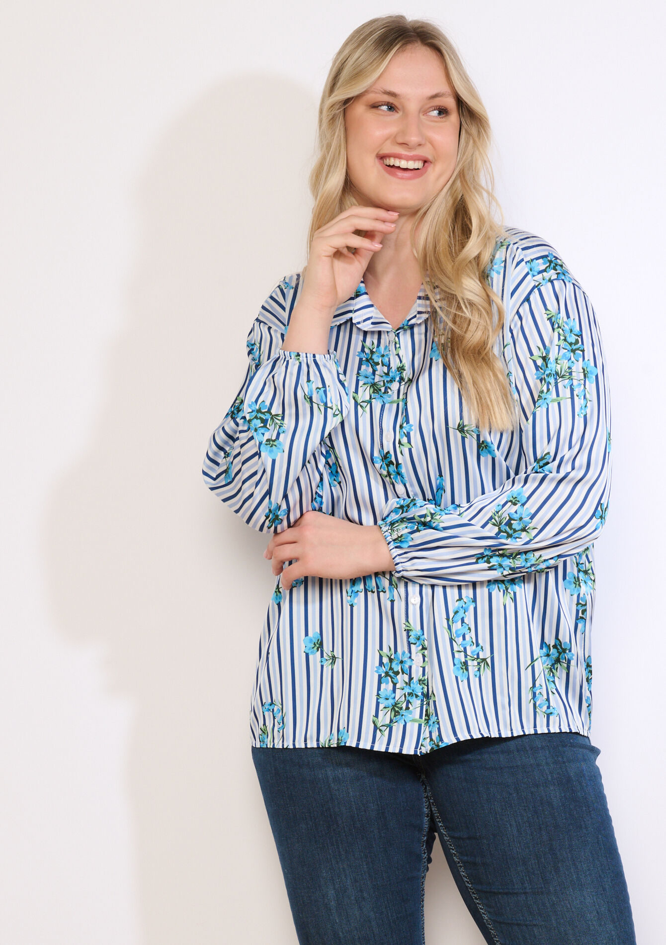 Gestreepte bloemenblouse - OPTICAL WHITE - 05703044_1019